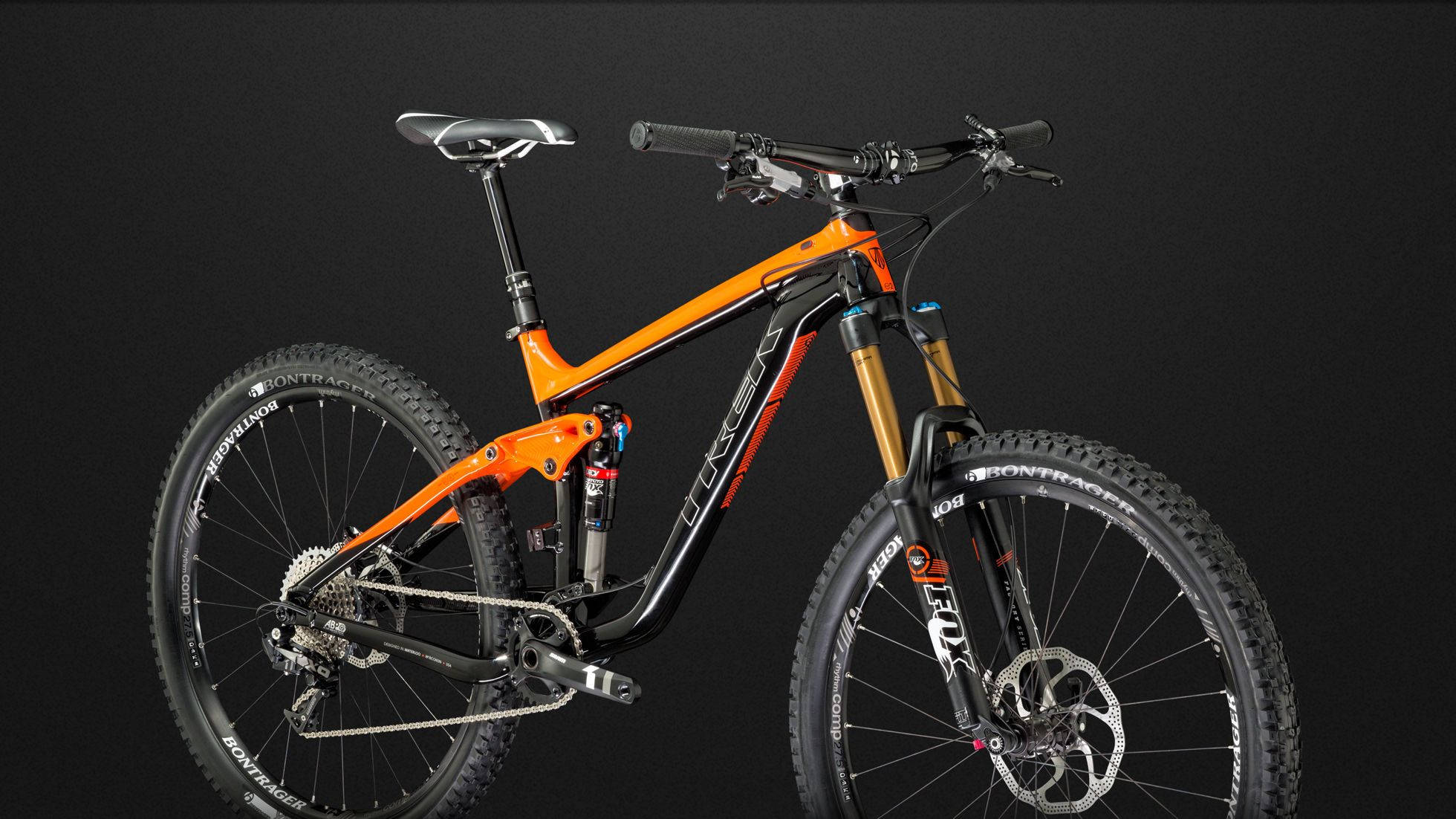 orange and black, full-suspension mountain bike, gold forks, Full HD Desktop Wallpaper