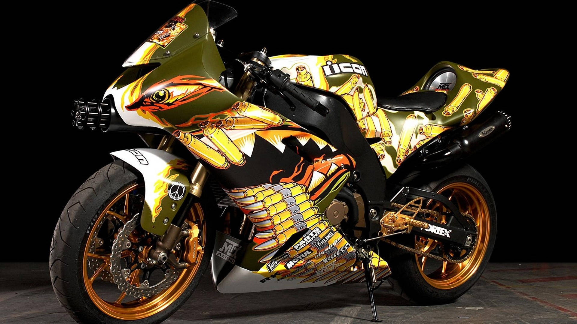 custom motorcycle, fierce fish design, gold orange, Full HD Desktop Wallpaper
