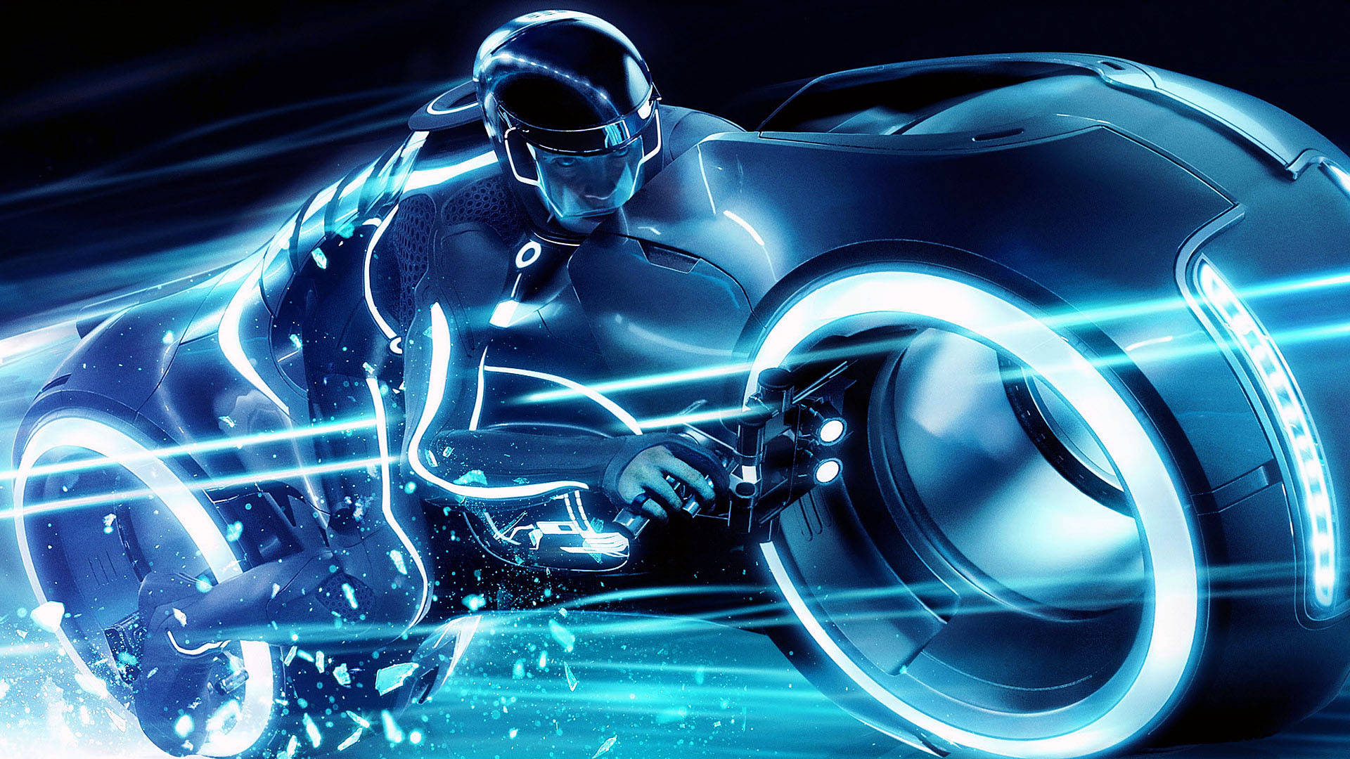 futuristic rider, glowing blue armor, neon-lit light cycle, Full HD Desktop Wallpaper