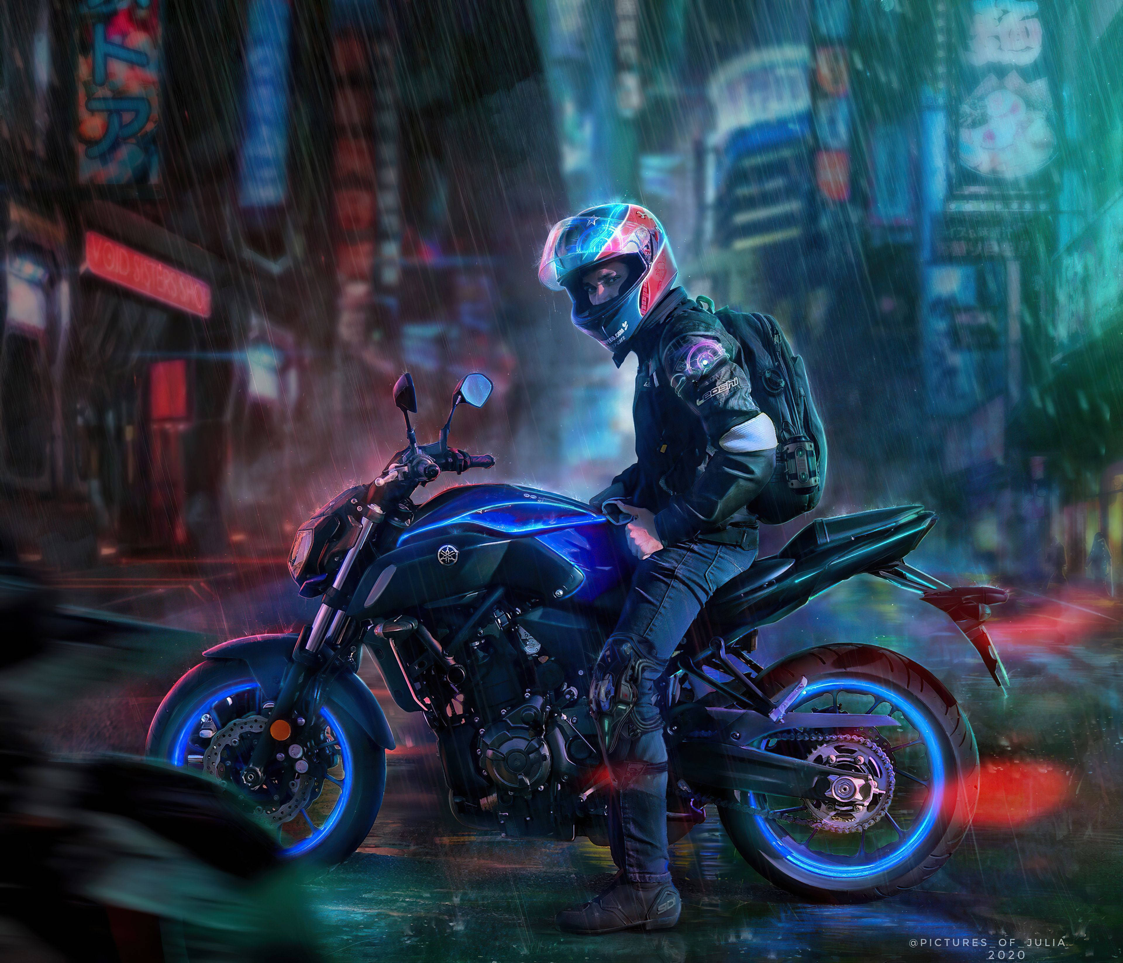 glowing blue bike, neon rain-soaked city streets, night, 4K Desktop Wallpaper