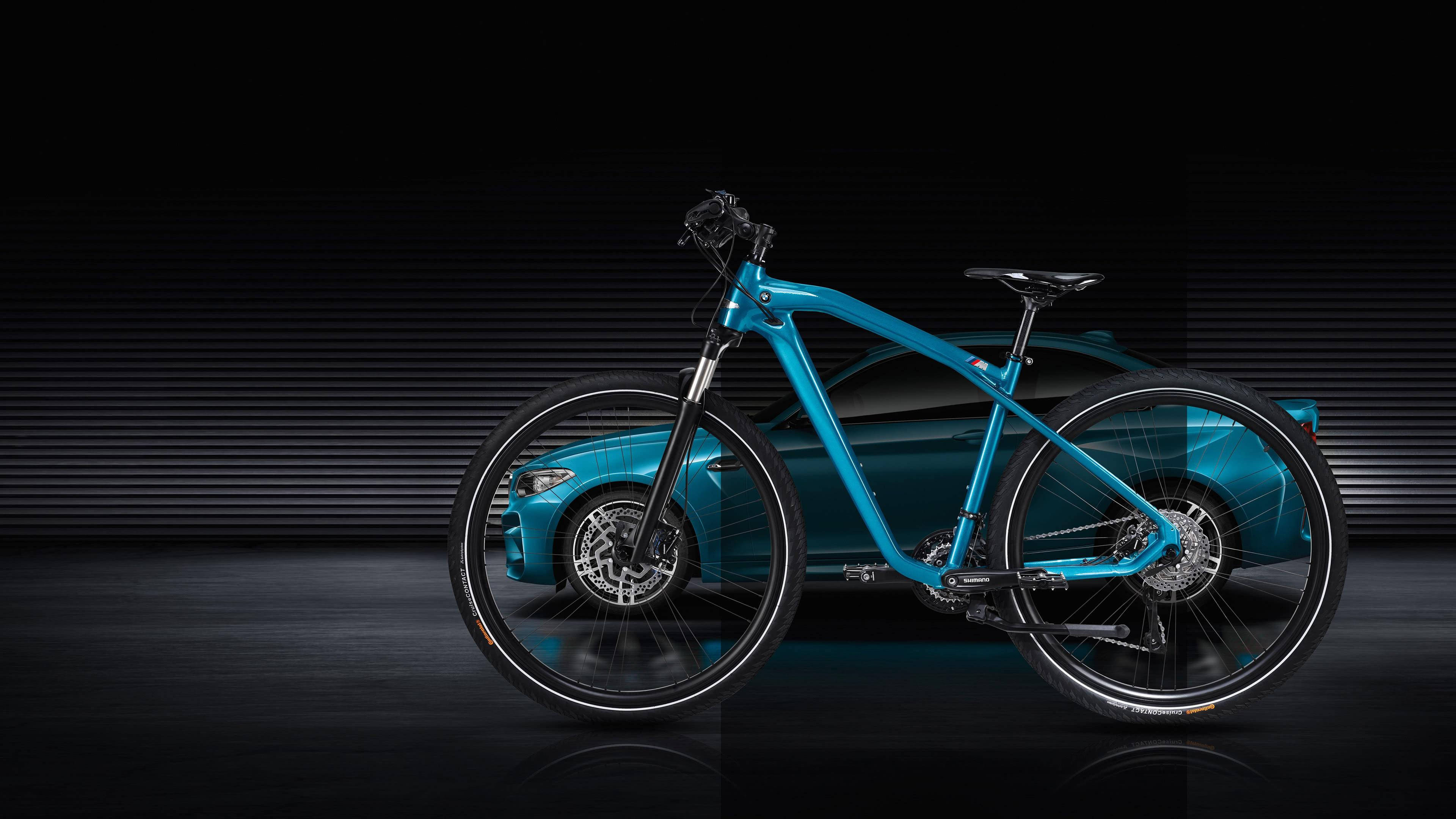 turquoise mountain bike, matching car, dark striped studio backdrop, 4K Desktop Wallpaper