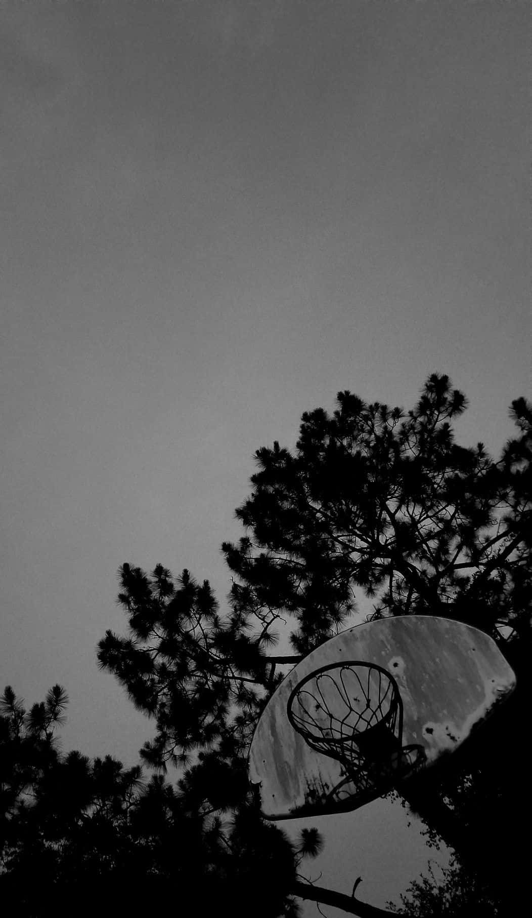 black and white aesthetic, basketball hoop, cloudy sky, HD Phone Wallpaper