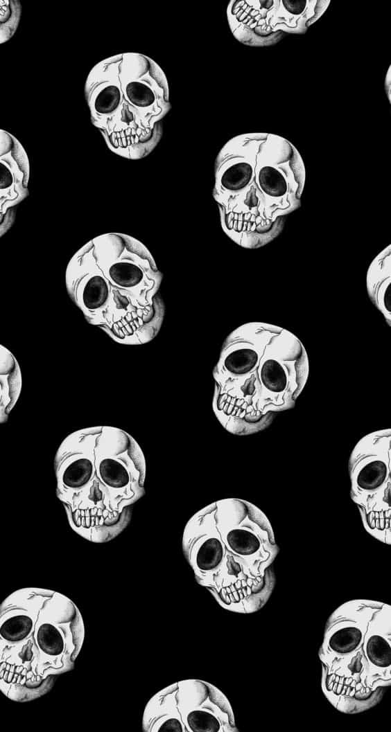 black and white shapes and figures, repeating pattern, detailed white skulls, SD Phone Wallpaper