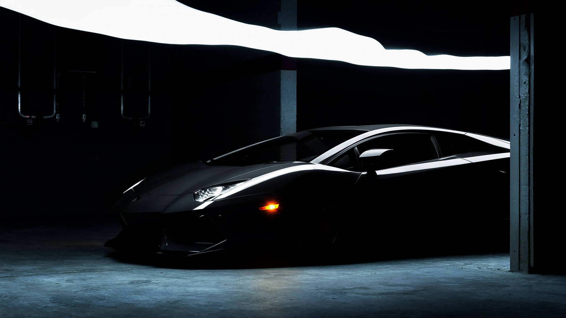 black sports car, dramatic overhead lighting, dark industrial garage, Full HD Desktop Wallpaper