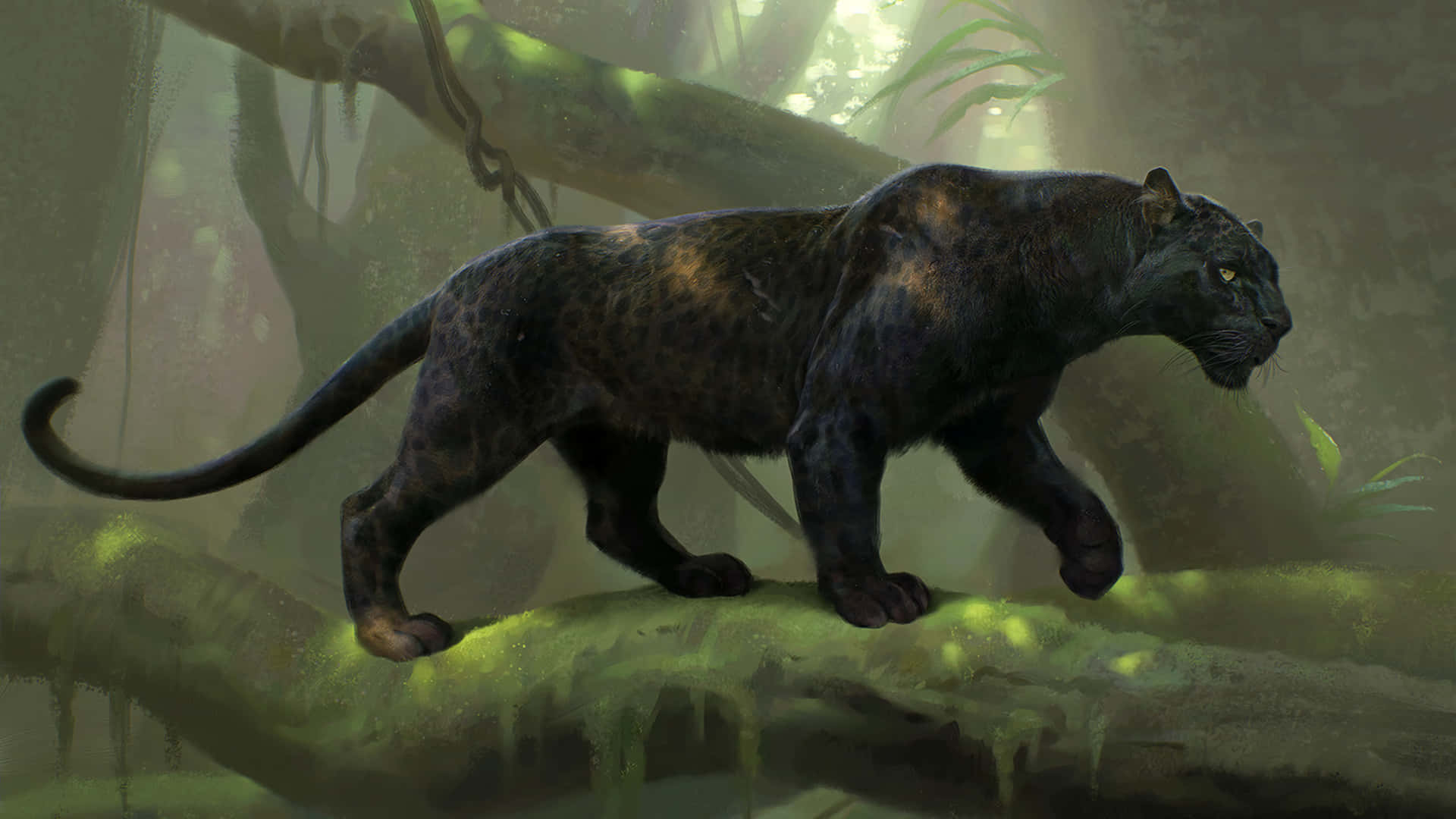 Black Panther, glowing eyes, mossy jungle branch, Full HD Desktop Wallpaper