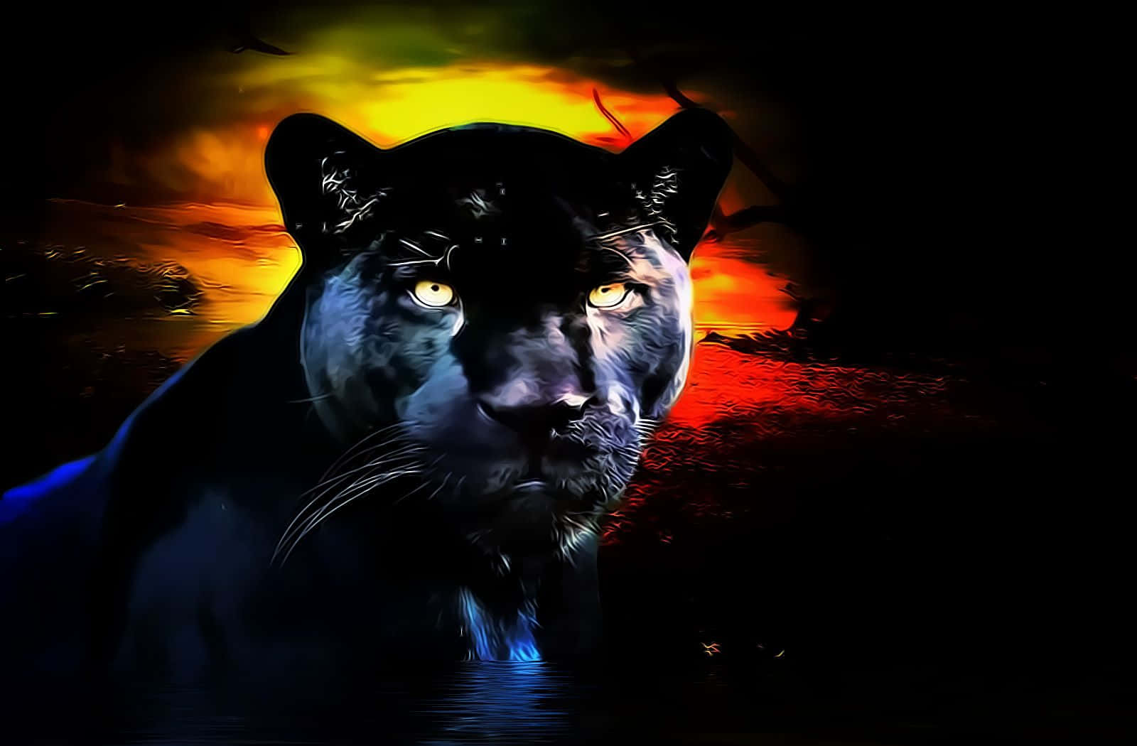 black panther, dark water, fiery sunset sky, HD Desktop Wallpaper