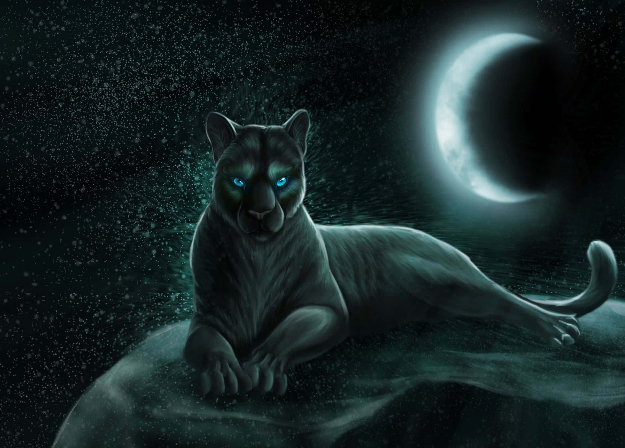 black panther, glowing blue eyes, crescent moon, Full HD Desktop Wallpaper