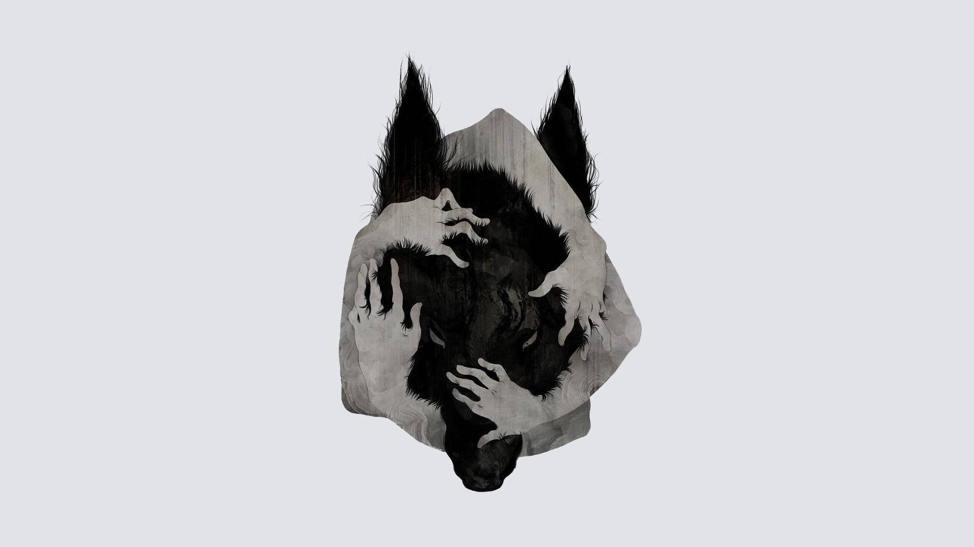 Cool Black Wolf, black and white illustration, dog's head, Full HD Desktop Wallpaper