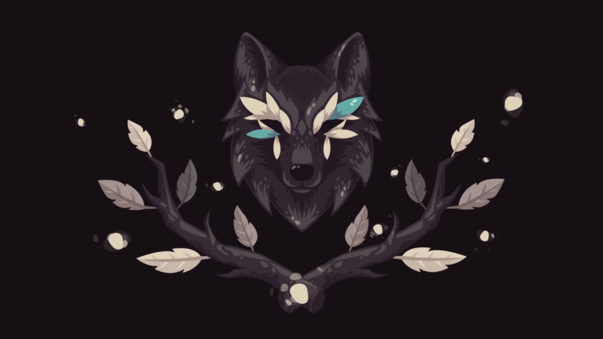Cool Black Wolf, glowing blue eyes, white leaf-like markings, Full HD Desktop Wallpaper