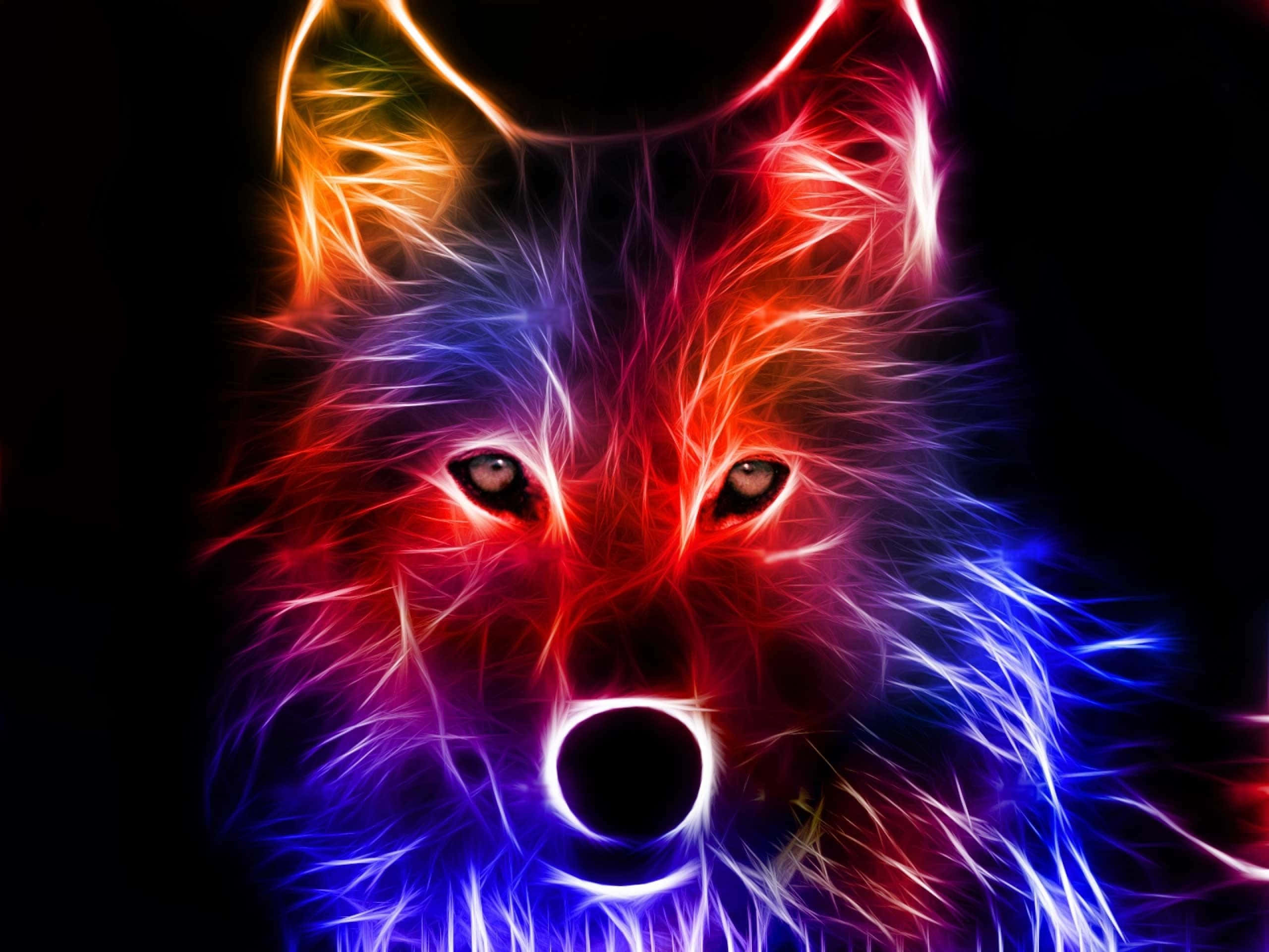 neon-lit wolf head, fiery red fur, electric blue fur, 2K Desktop Wallpaper