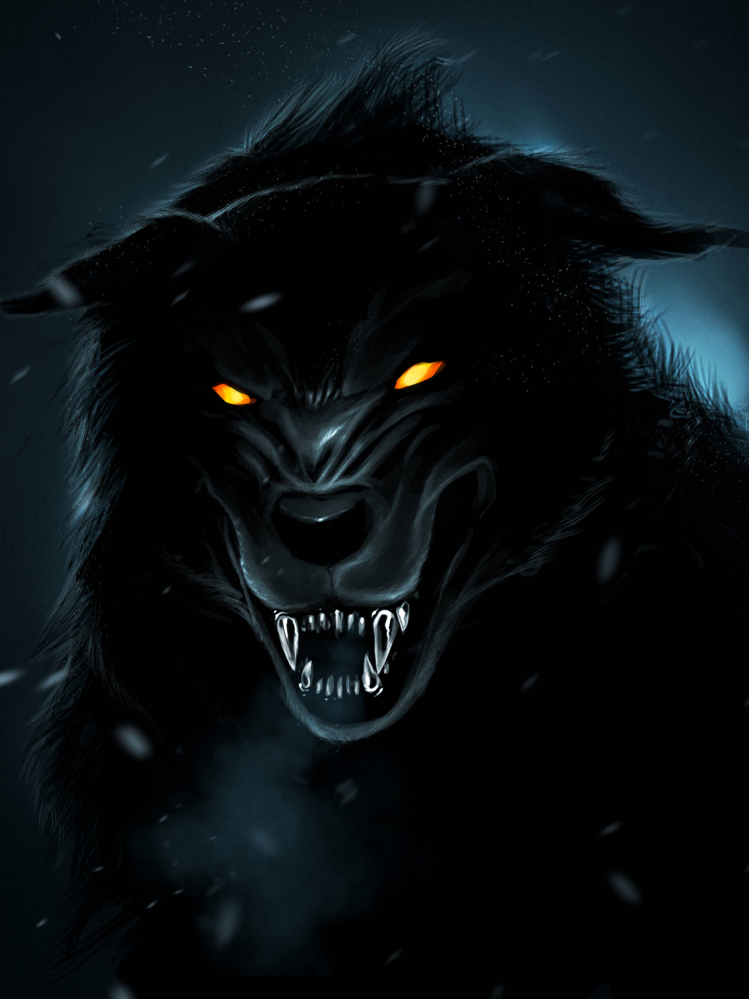 orange eyed black wolf, glowing orange eyes, dark snowy backdrop, Full HD Phone Wallpaper