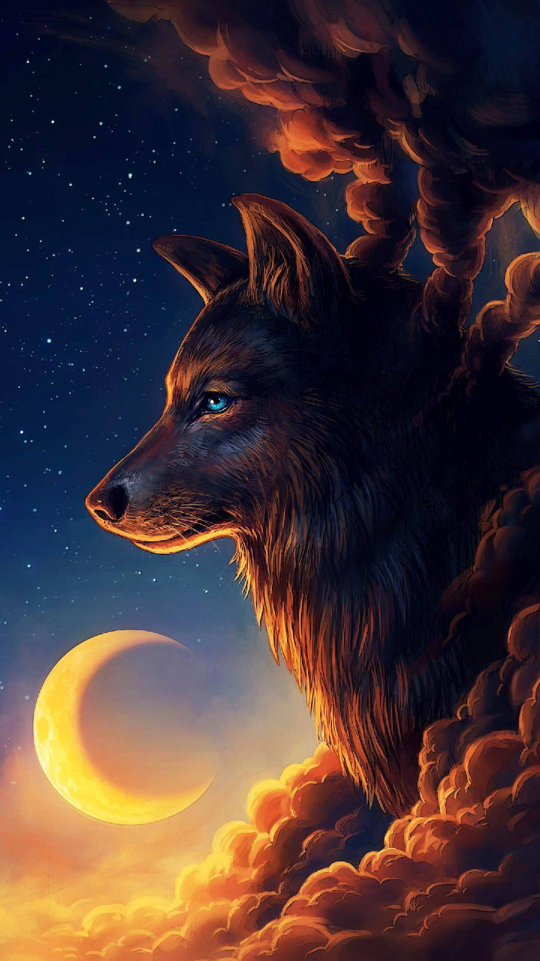 Black Wolf, glowing blue eyes, fiery orange clouds, Full HD Phone Wallpaper