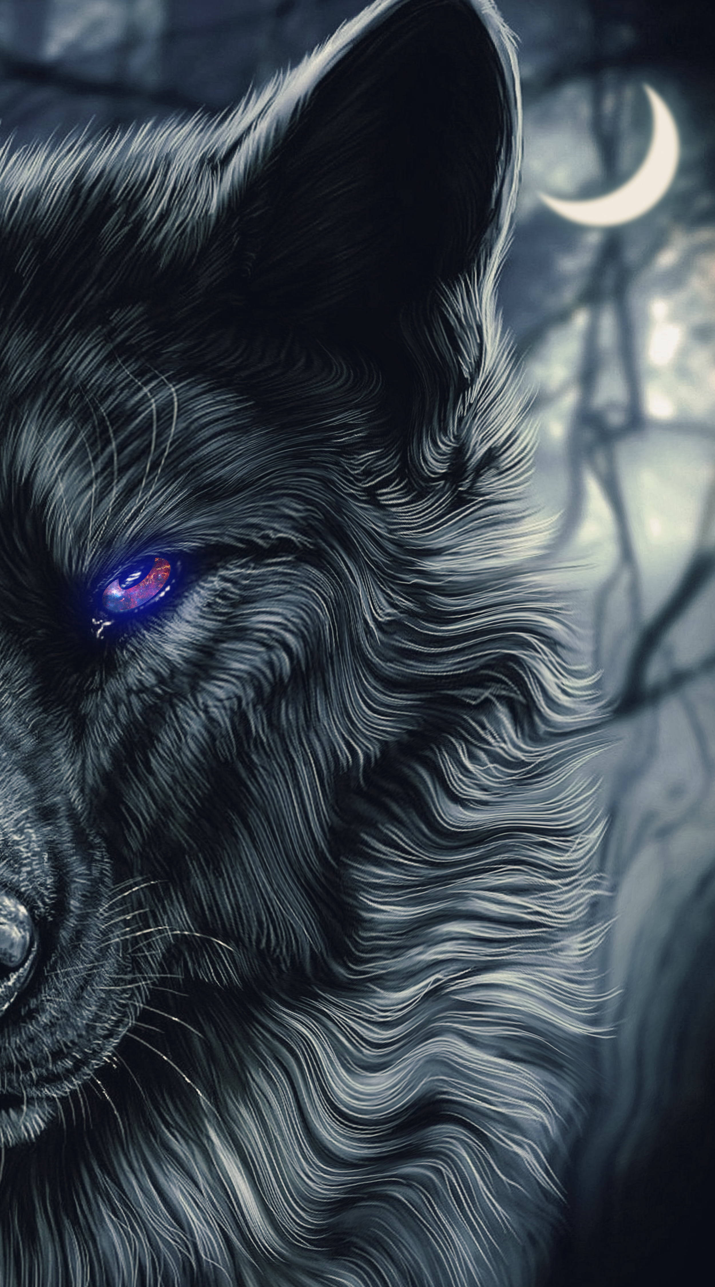 half face black wolf, glowing purple eyes, crescent moon, 4K Phone Wallpaper