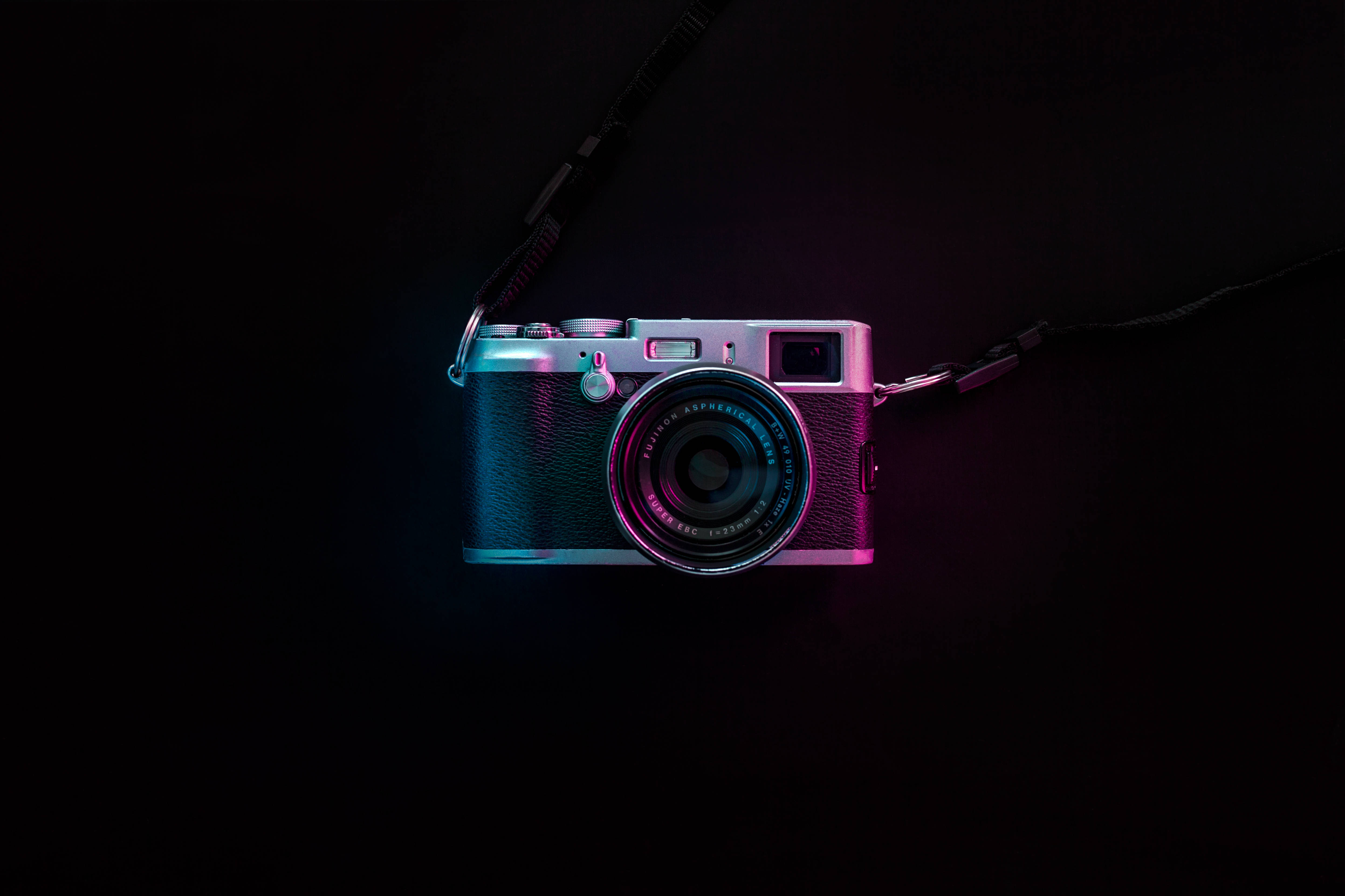 black and silver SLR camera, neon blue, pink light, 4K Desktop Wallpaper