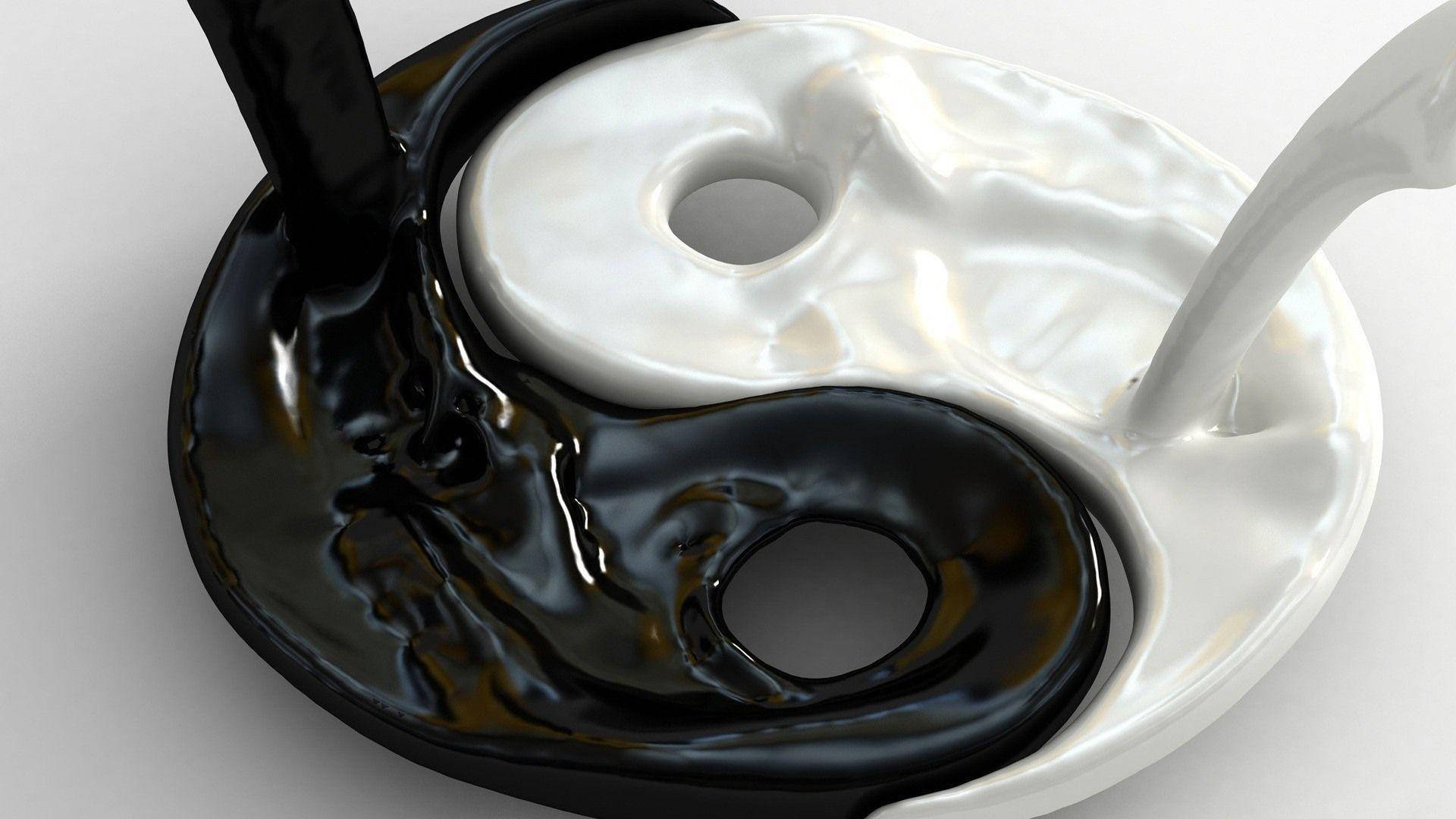 yin yang, glossy black, white, Full HD Desktop Wallpaper
