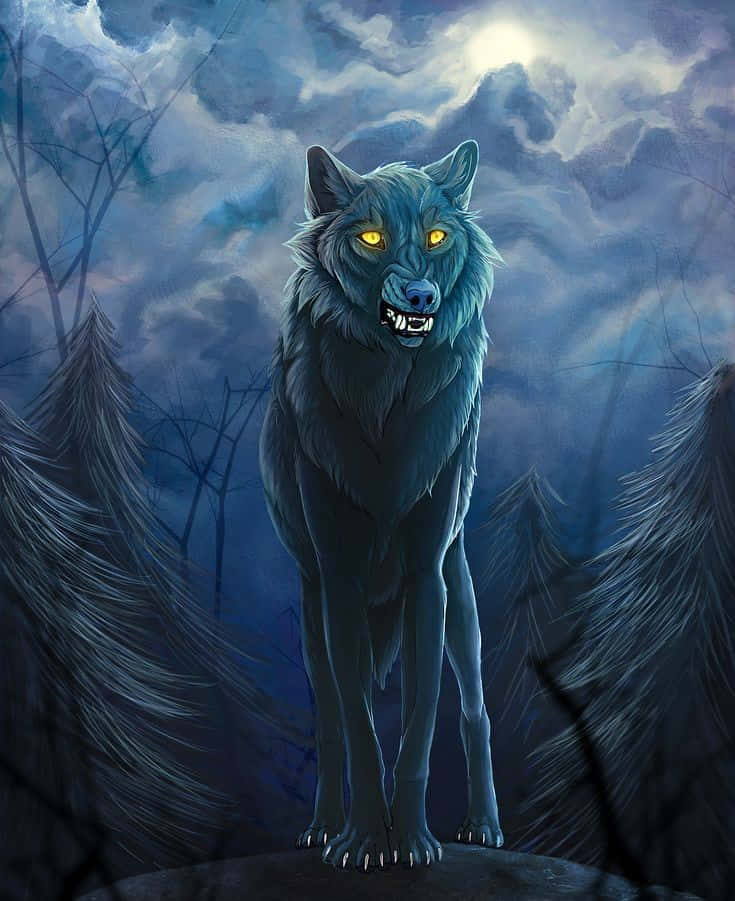 Cool Blue Wolf, glowing-eyed blue wolf, rocky outcrop, SD Phone Wallpaper