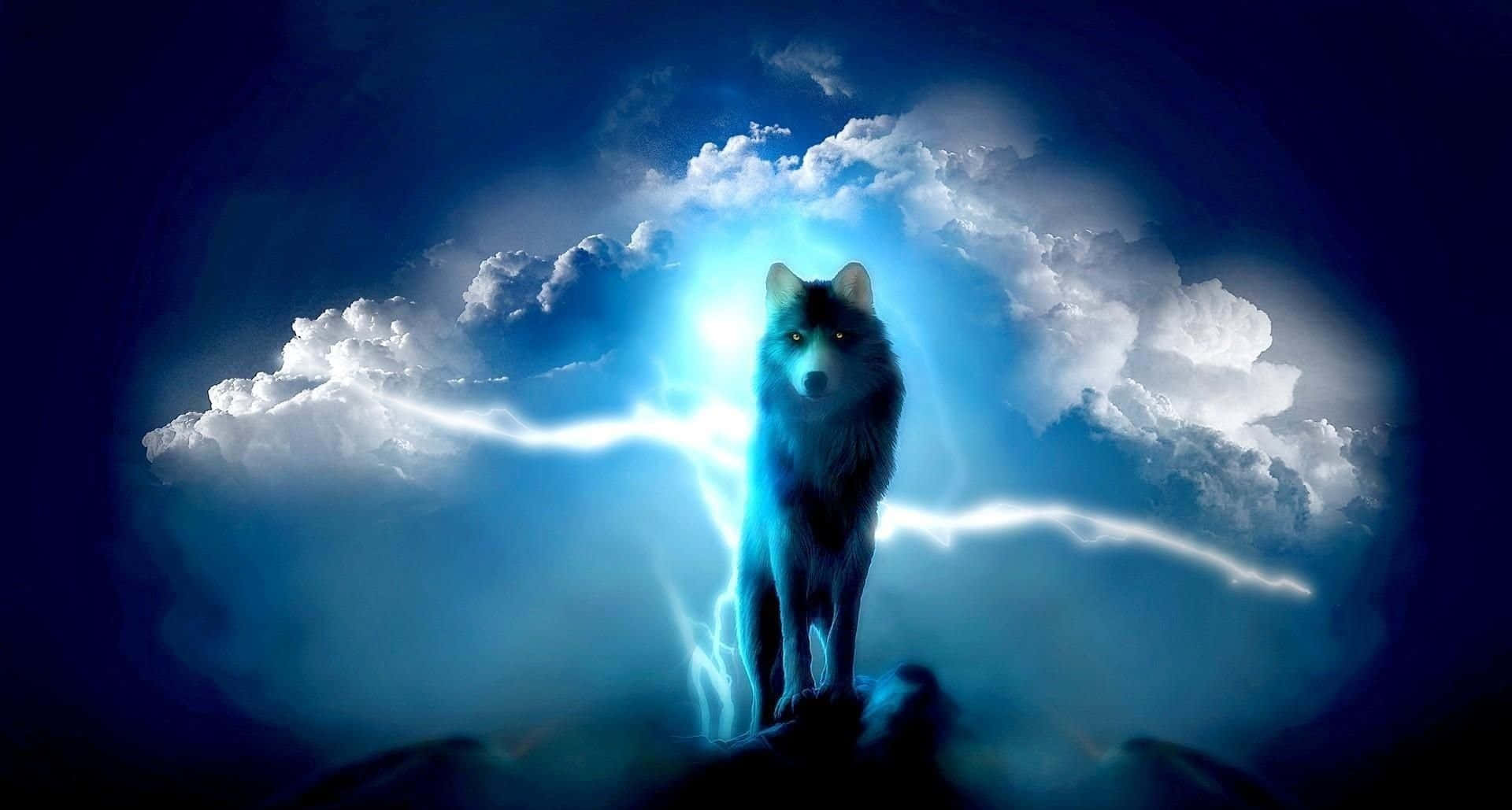 Cool Blue Wolf, cliff, lightning, Full HD Desktop Wallpaper