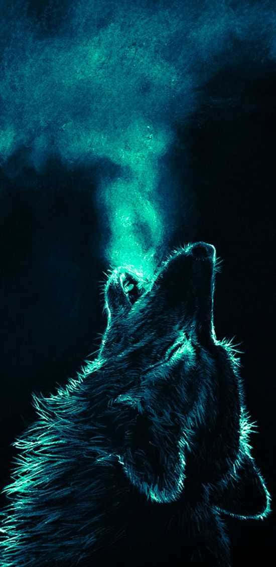Cool Blue Wolf, glowing teal mist, wolf howls upward, SD Phone Wallpaper