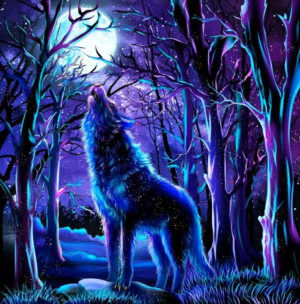 Cool Blue Wolf, glowing blue wolf, full moon, SD Phone Wallpaper