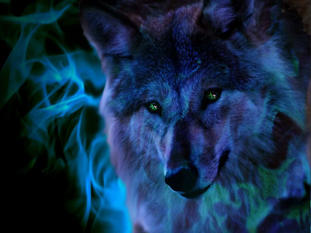 Cool Blue Wolf, neon blue, green fur, SD Desktop Wallpaper