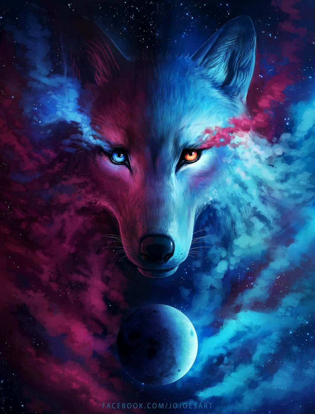 Pink And Blue Super Cool Wolf, heterochromatic eyes, cosmic backdrop, HD Phone Wallpaper