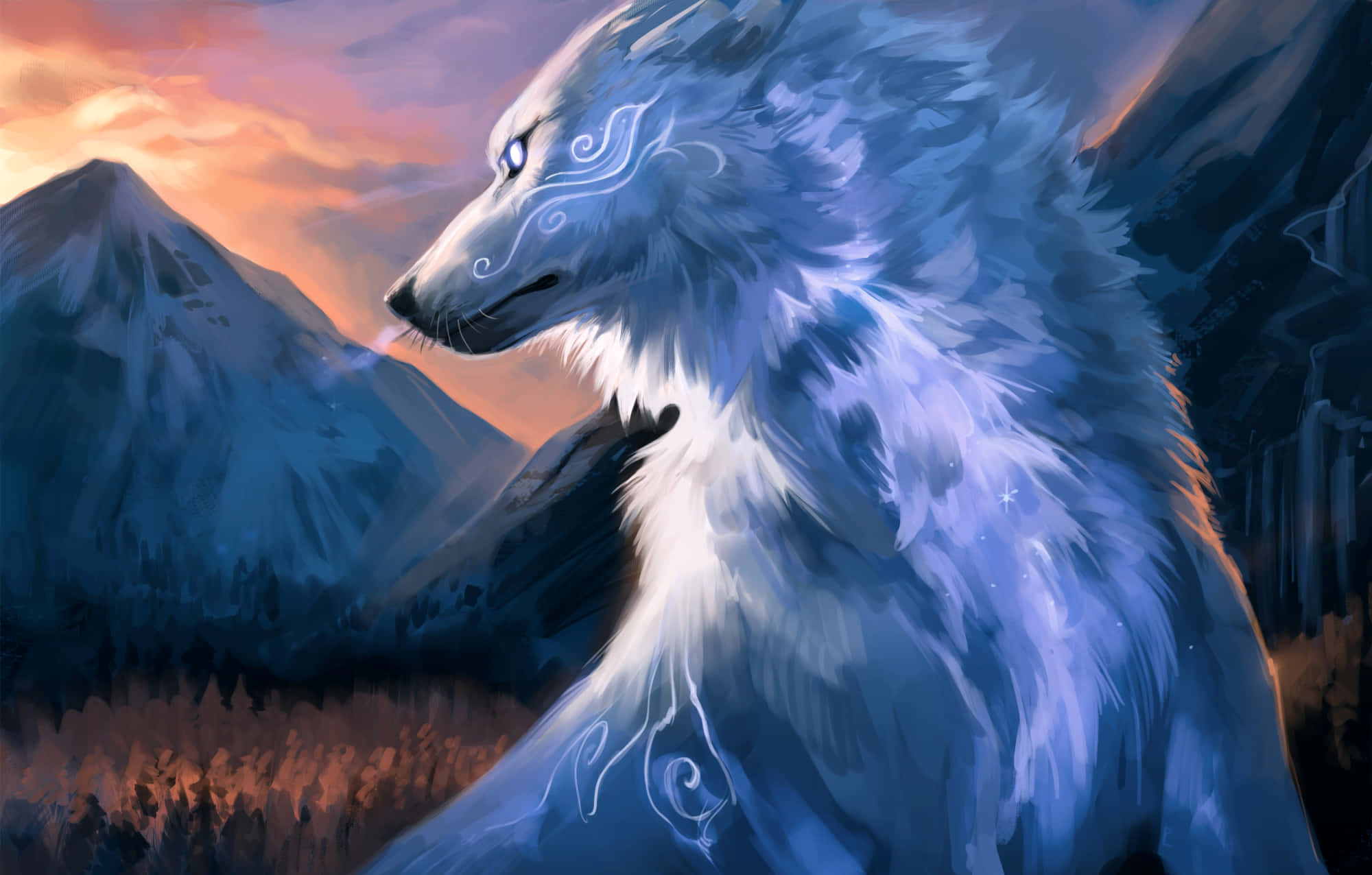 Cool Blue Wolf, blue-furred wolf, glowing eyes, Full HD Desktop Wallpaper
