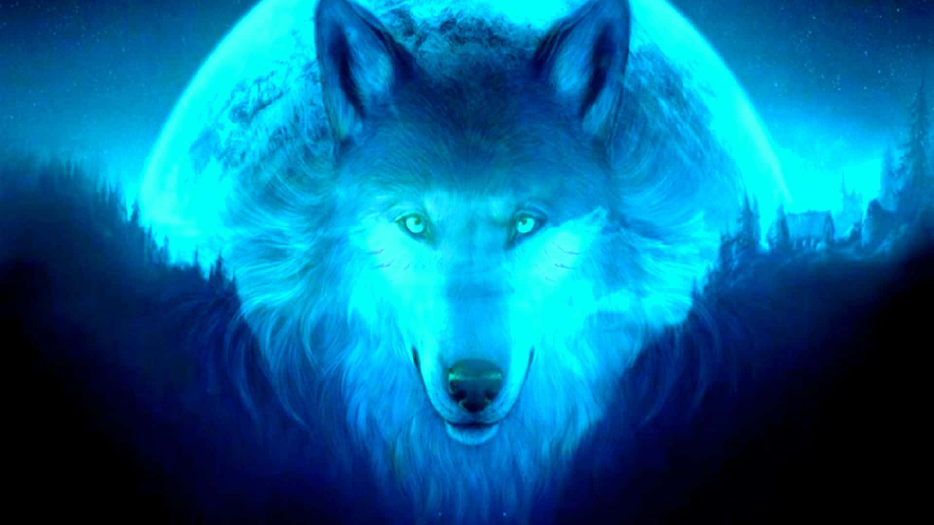 Cool Blue Wolf, glowing blue wolf, full moon, Full HD Desktop Wallpaper