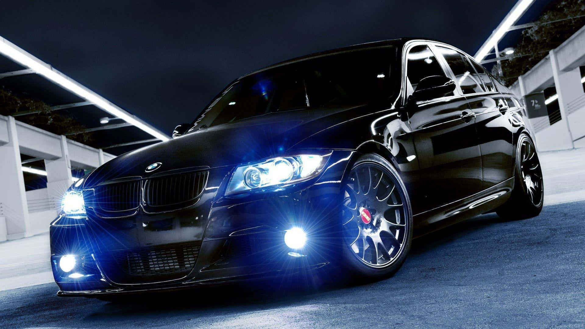 BMW, glossy black, glowing headlights, Full HD Desktop Wallpaper
