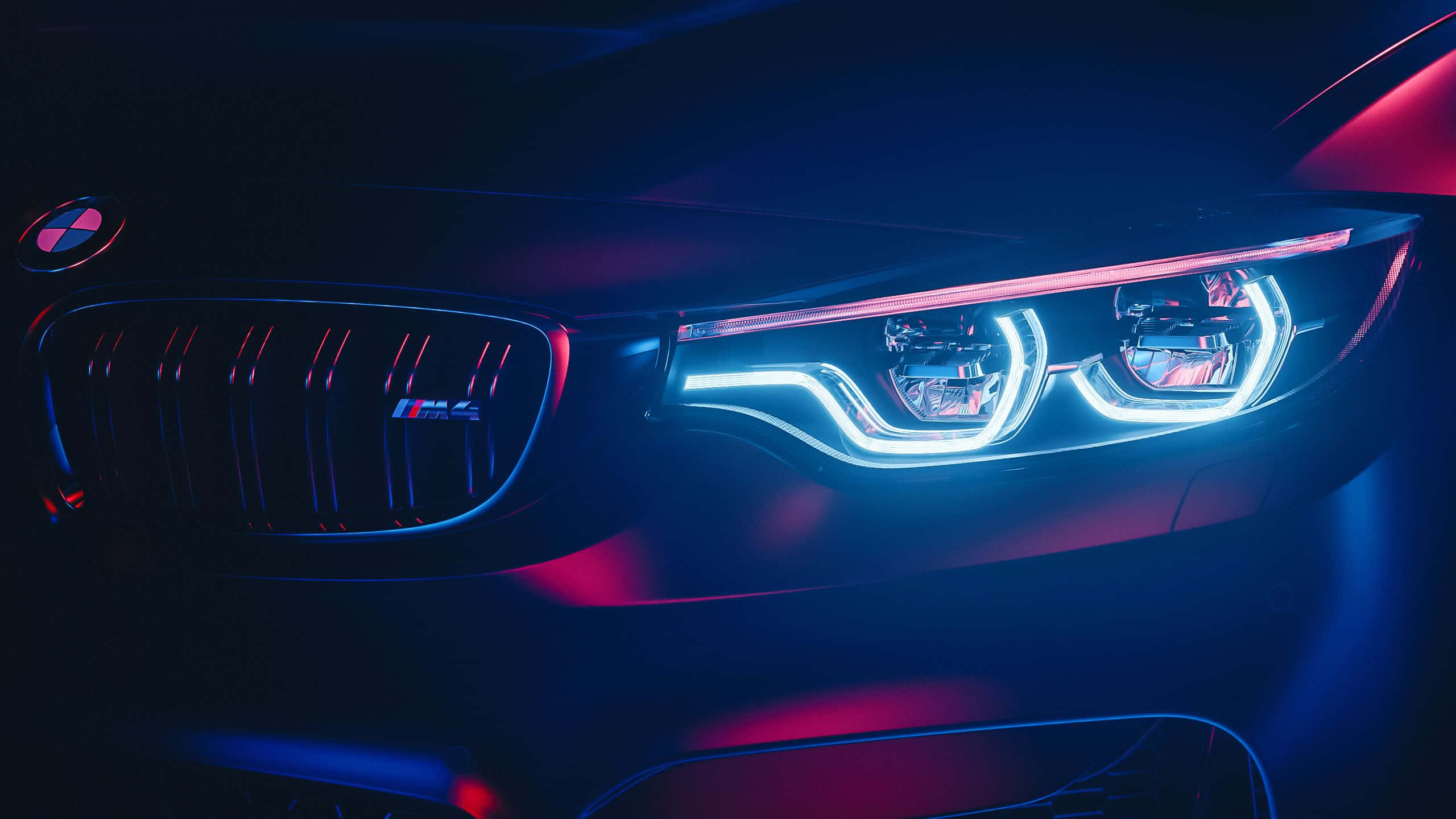 BMW M, glowing headlights, grille, 2K Desktop Wallpaper