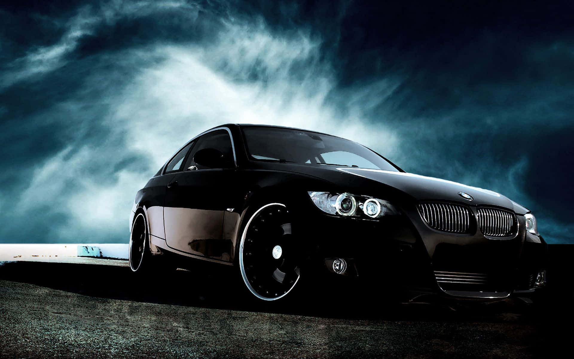 shiny black, BMW coupe, dramatic storm clouds, Full HD Desktop Wallpaper