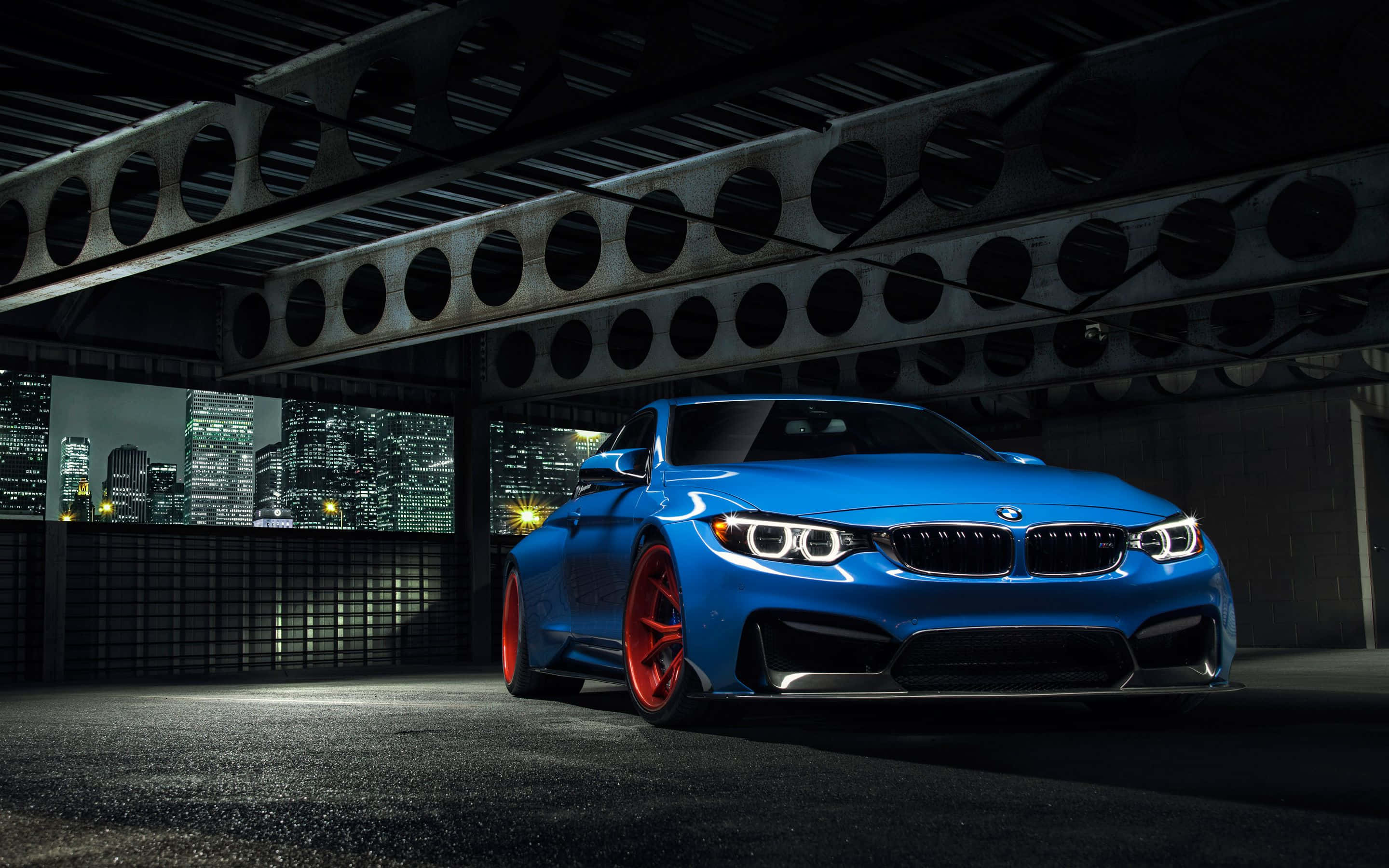BMW, vibrant blue, red rims, 2K Desktop Wallpaper