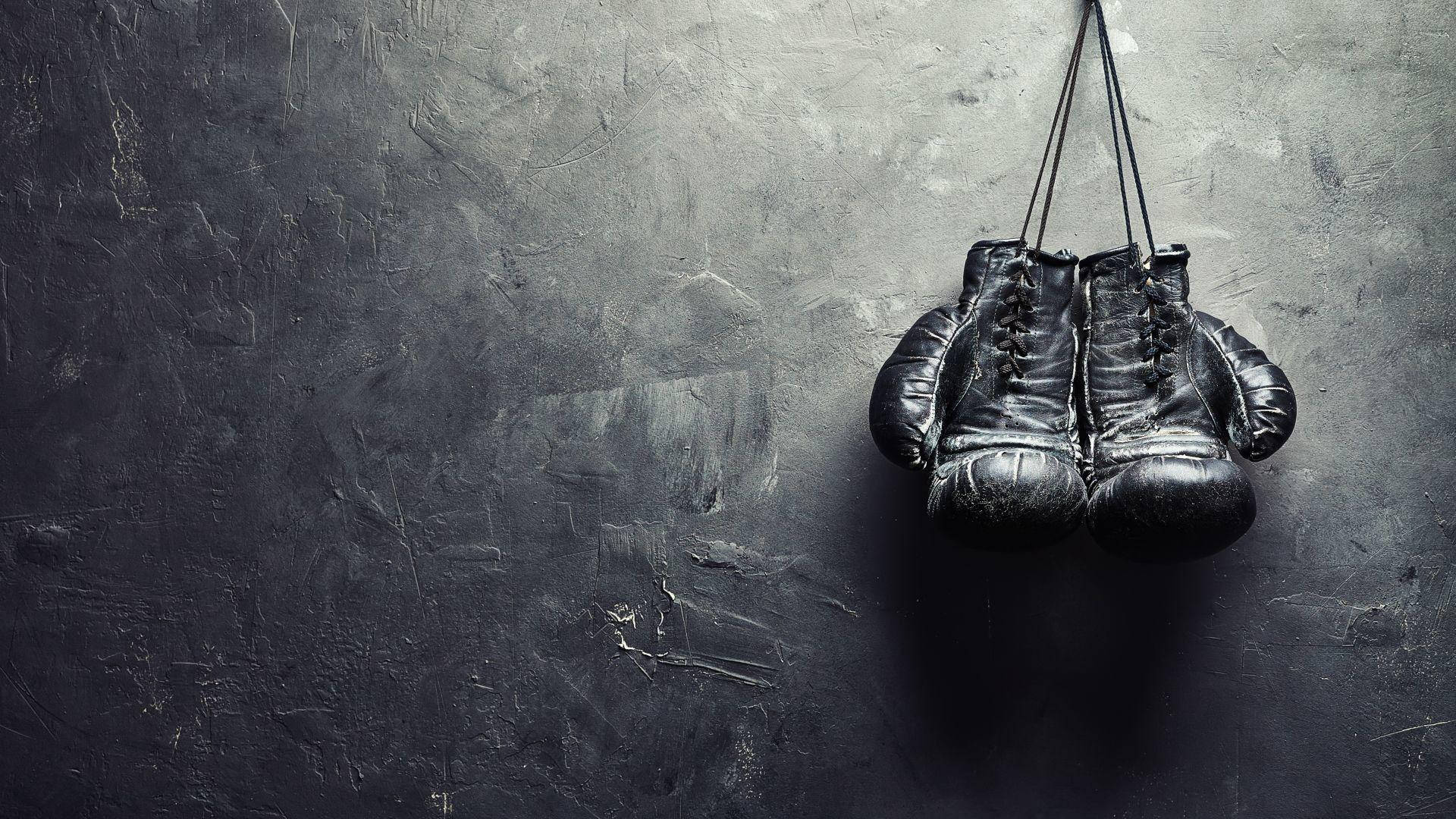 black boxing gloves, rough textured gray wall, soft shadow, Full HD Desktop Wallpaper
