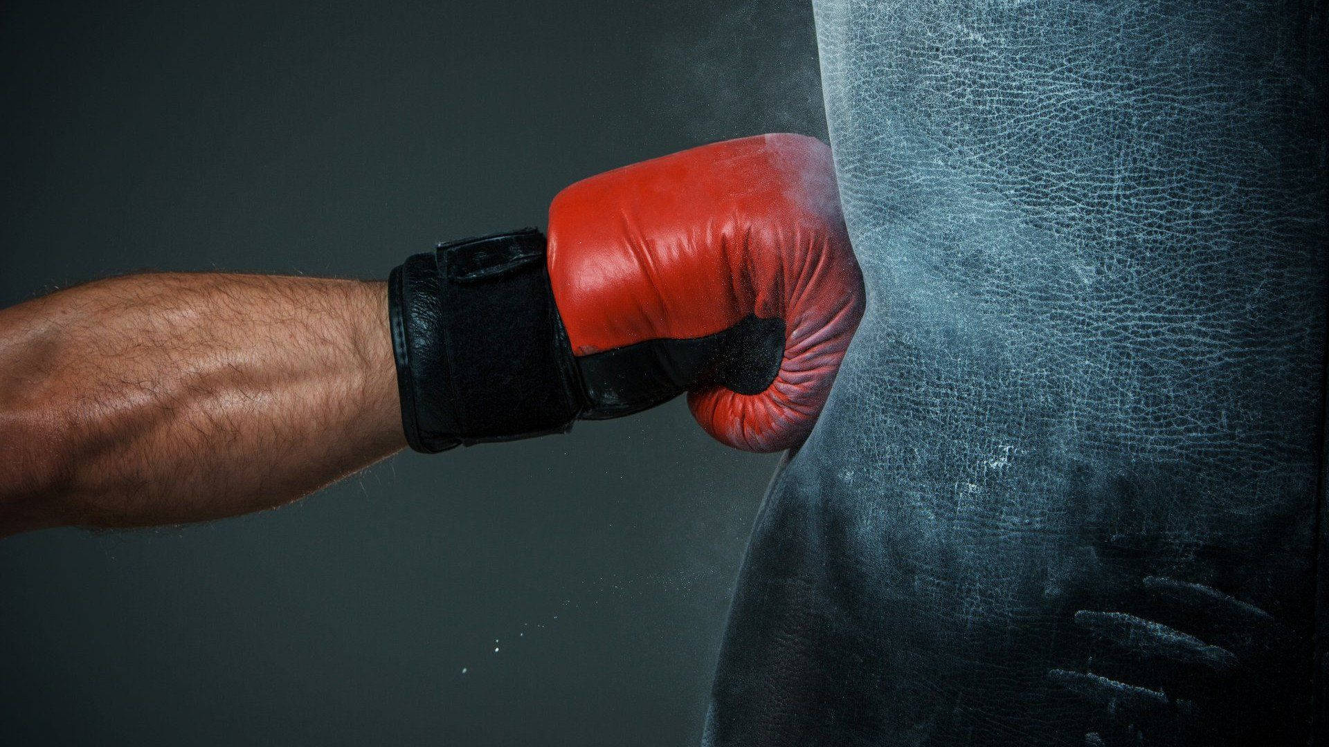 Cool Boxing, red boxing glove, worn black punching bag, Full HD Desktop Wallpaper