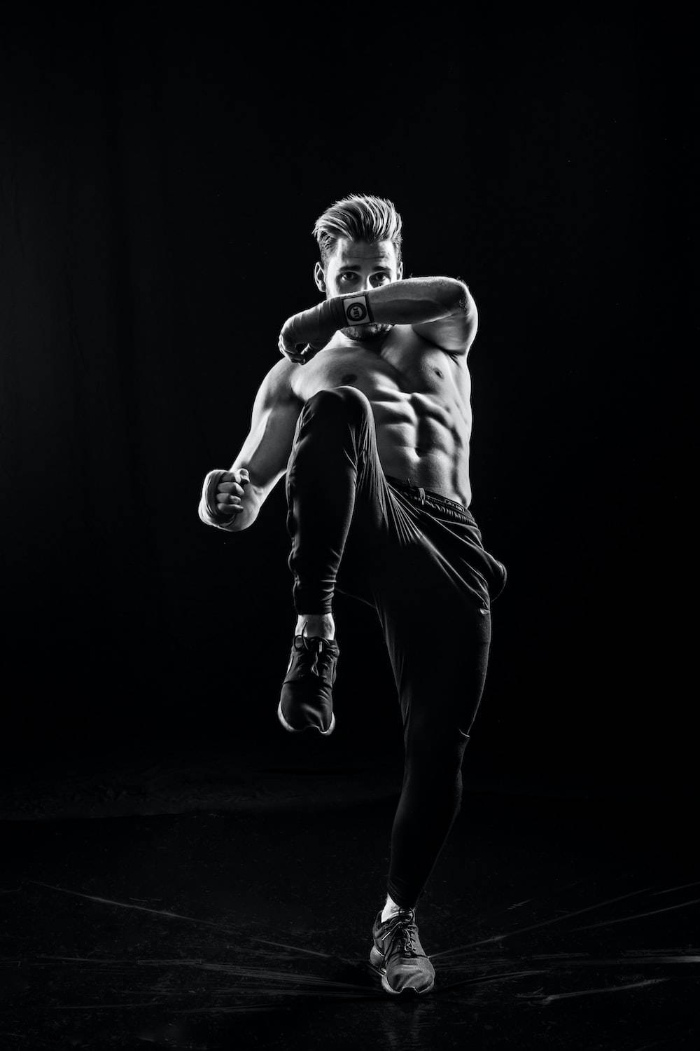 Cool Boxing, high kick, black and white studio shot, HD Phone Wallpaper