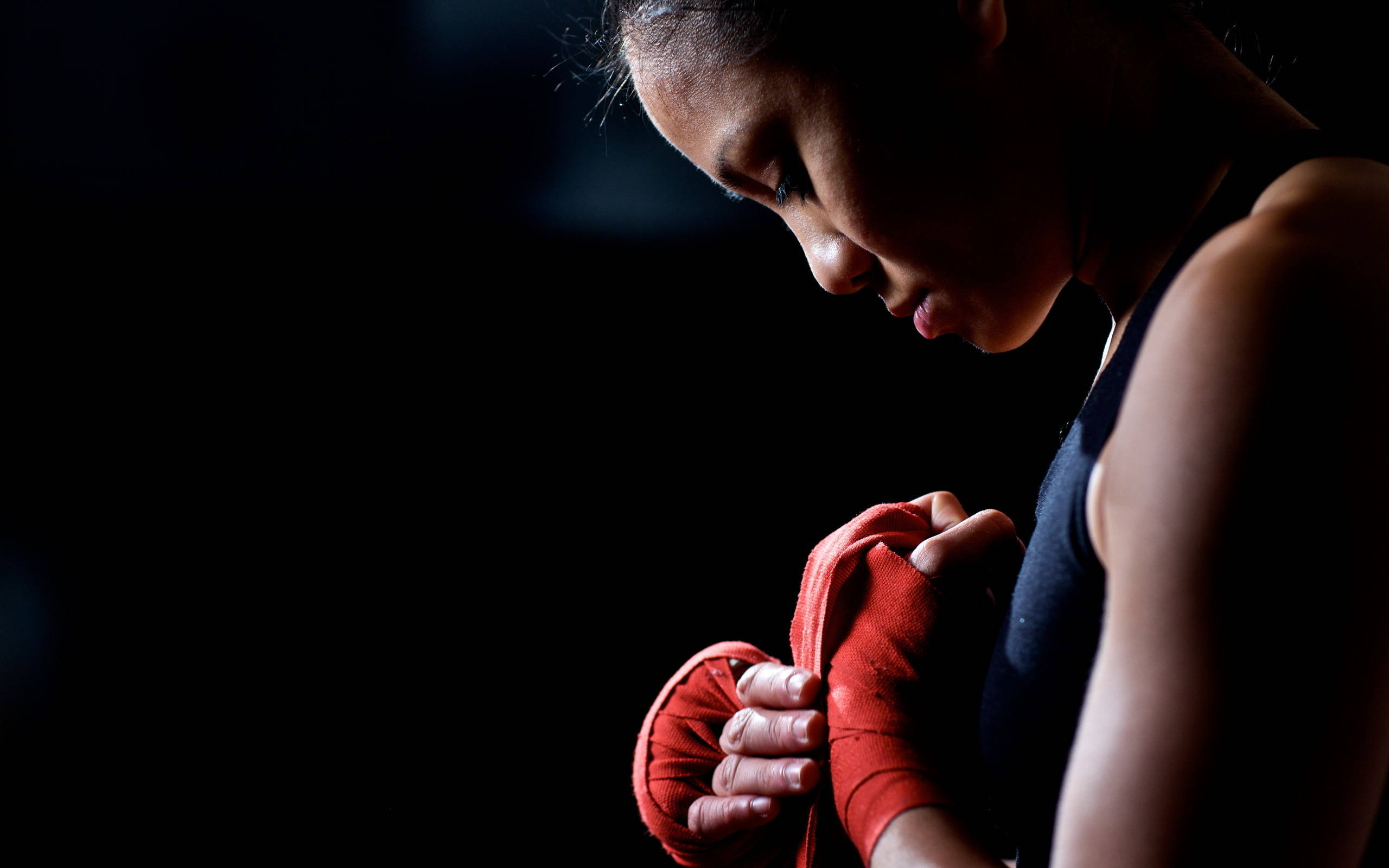 Cool Boxing, red hand wraps, dim light, 2K Desktop Wallpaper