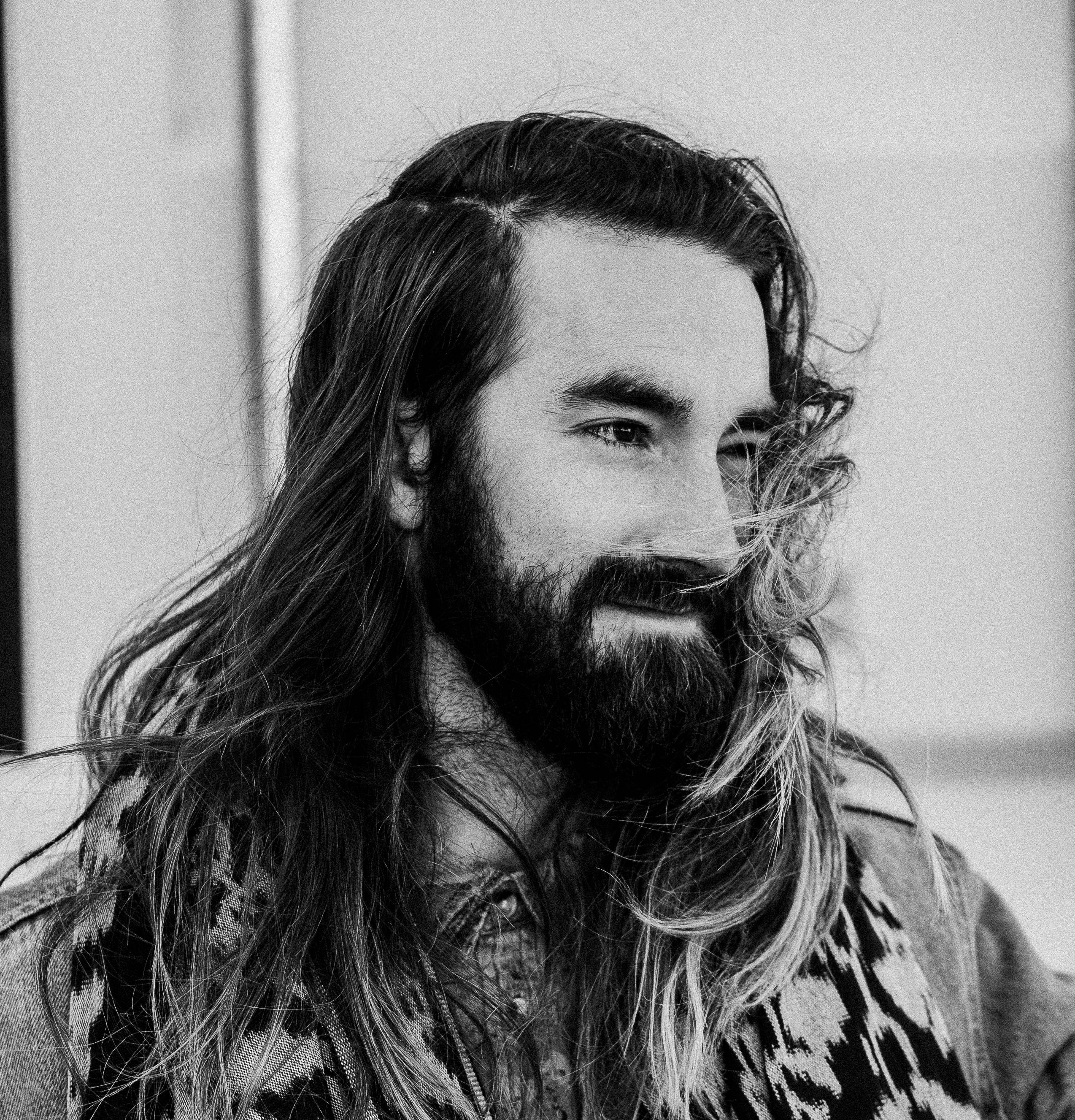bearded man, long hair, black and white portrait, 2K Phone Wallpaper