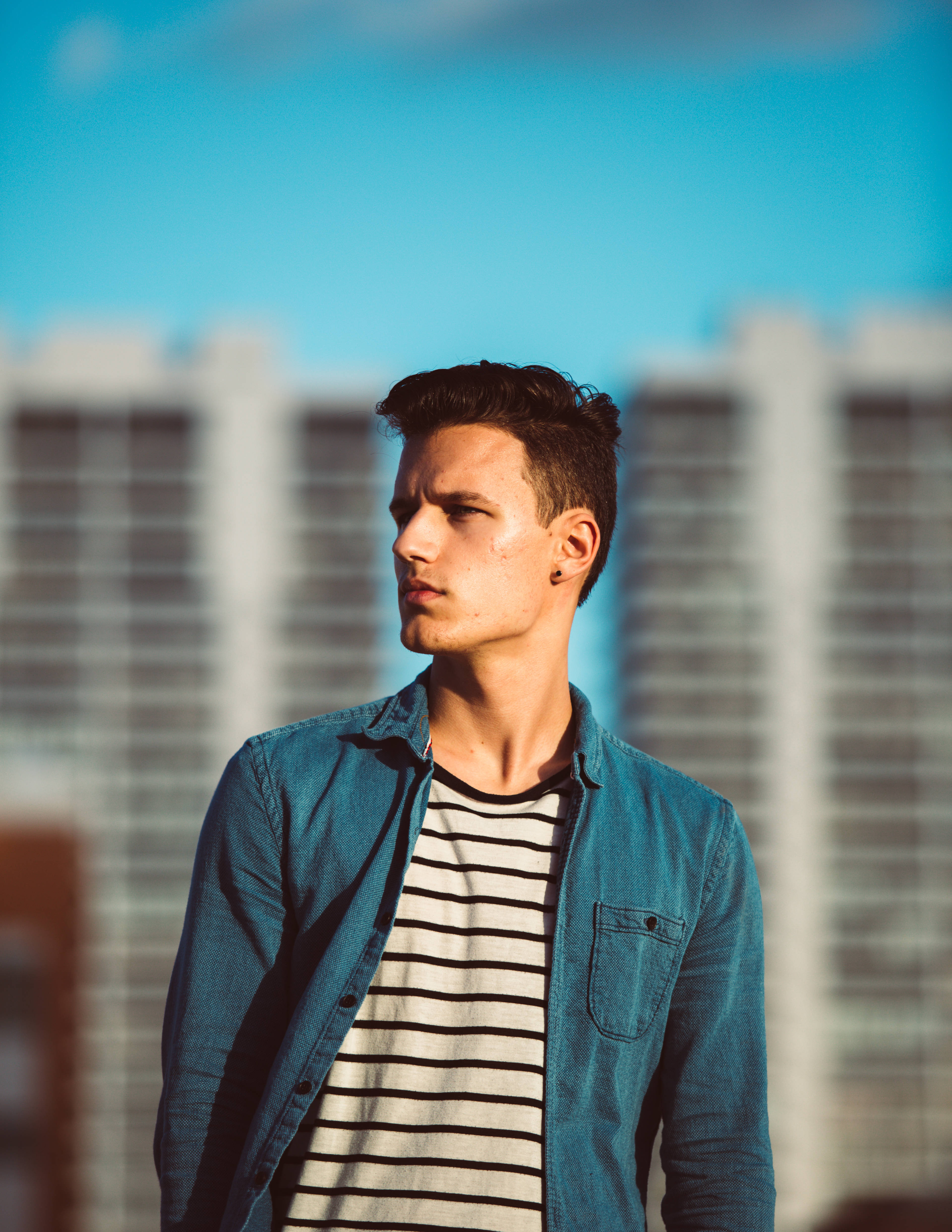 Cool Boy, denim shirt, striped tee, 4K Phone Wallpaper