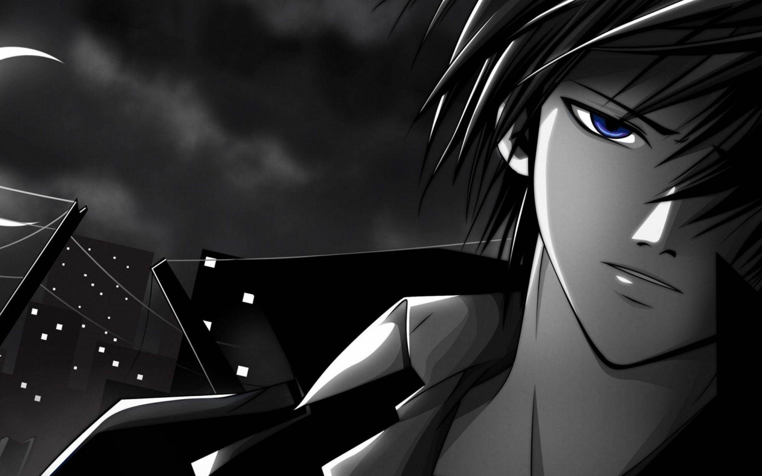 grayscale, brooding anime cool boy, piercing blue eyes, 2K Desktop Wallpaper