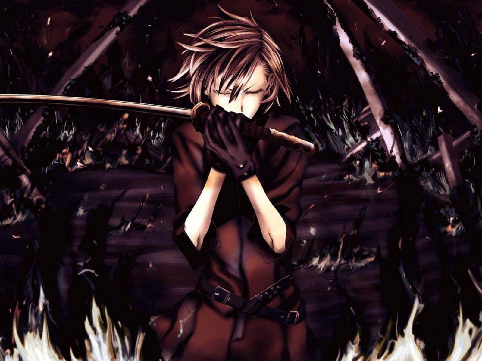 Dark Anime Cool Boy, sword, flames, HD Desktop Wallpaper