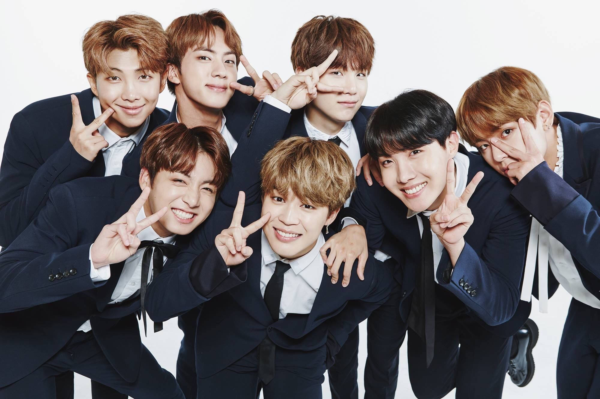 BTS, peace sign, navy suits, Full HD Desktop Wallpaper