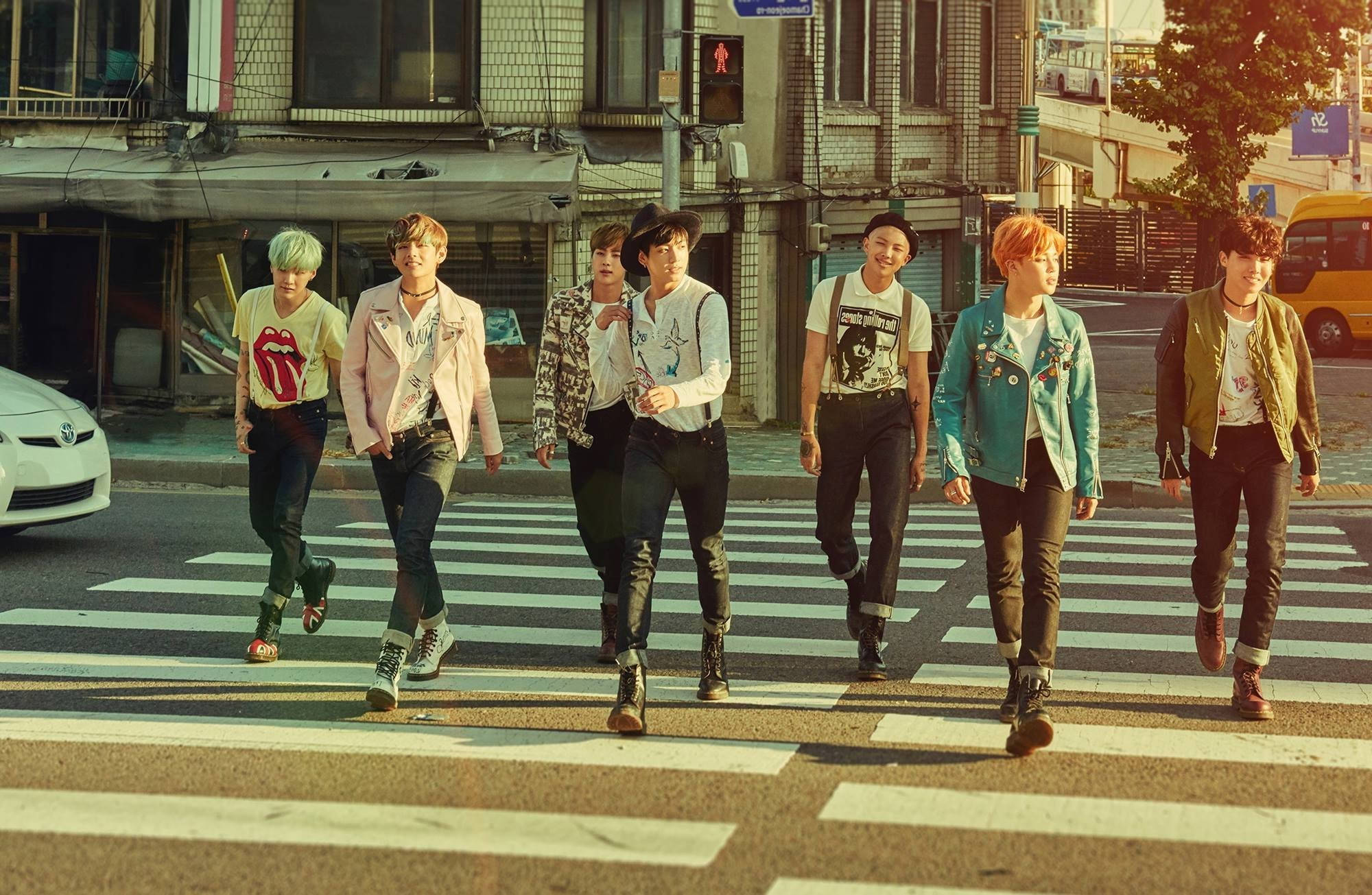 BTS, laptop, urban crosswalk, Full HD Desktop Wallpaper