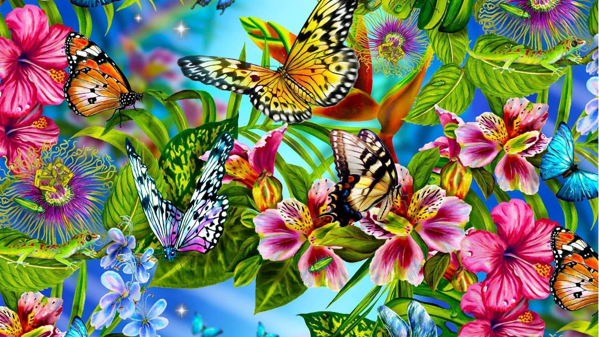 colorful butterfly, flower pattern, tropical butterflies, Full HD Desktop Wallpaper