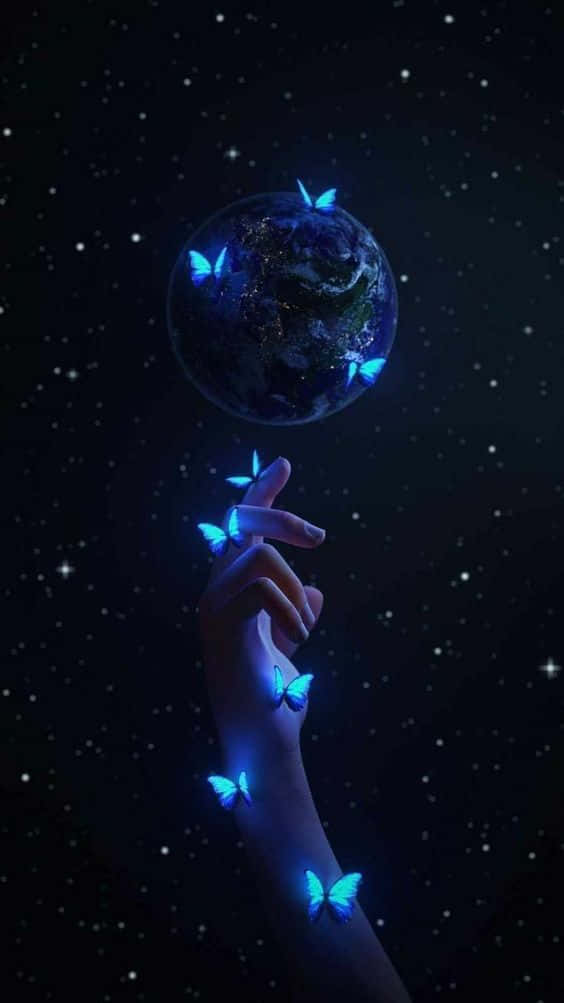 Cool Butterfly, glowing blue butterfly, starry Earth, SD Phone Wallpaper