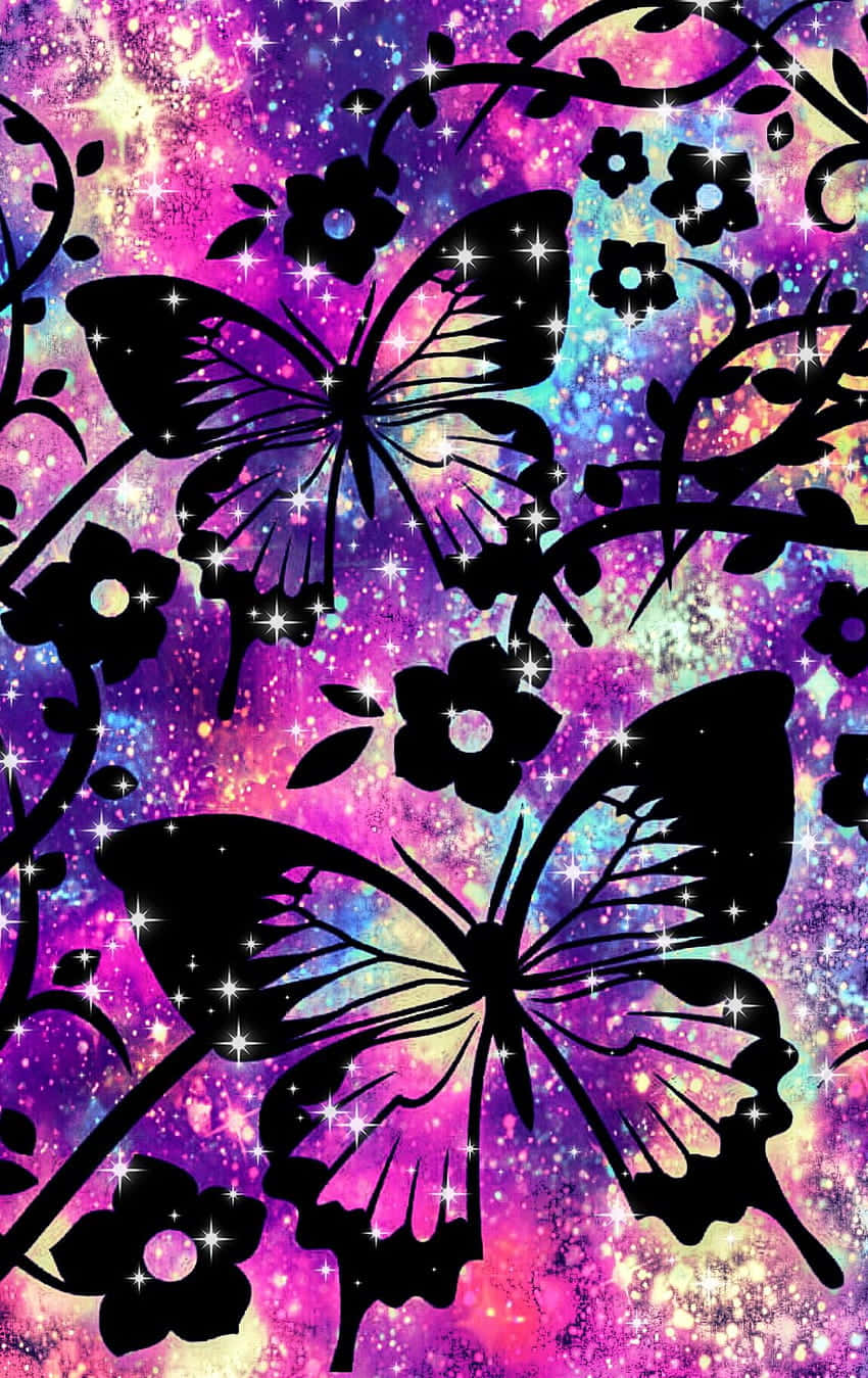 glitter butterfly, cosmic purple and pink galaxy, black butterfly, HD Phone Wallpaper