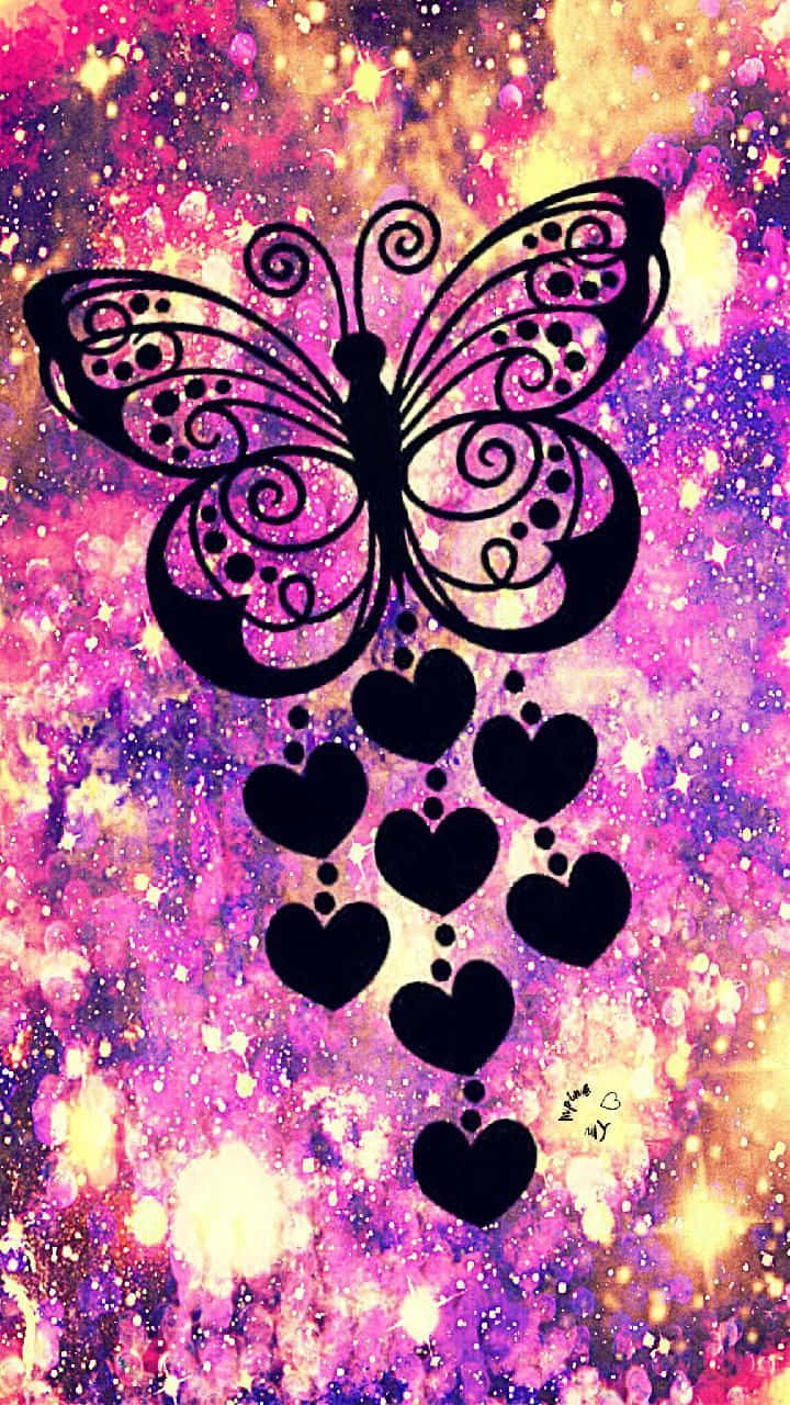 glitter butterfly, black ornate butterfly, dangling hearts, HD Phone Wallpaper