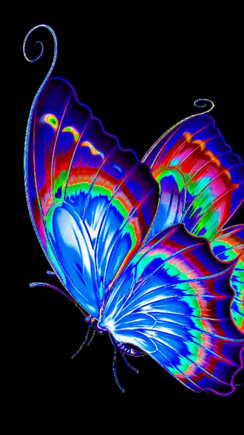 vibrant neon butterfly, iridescent blue wings, red green and purple, HD Phone Wallpaper