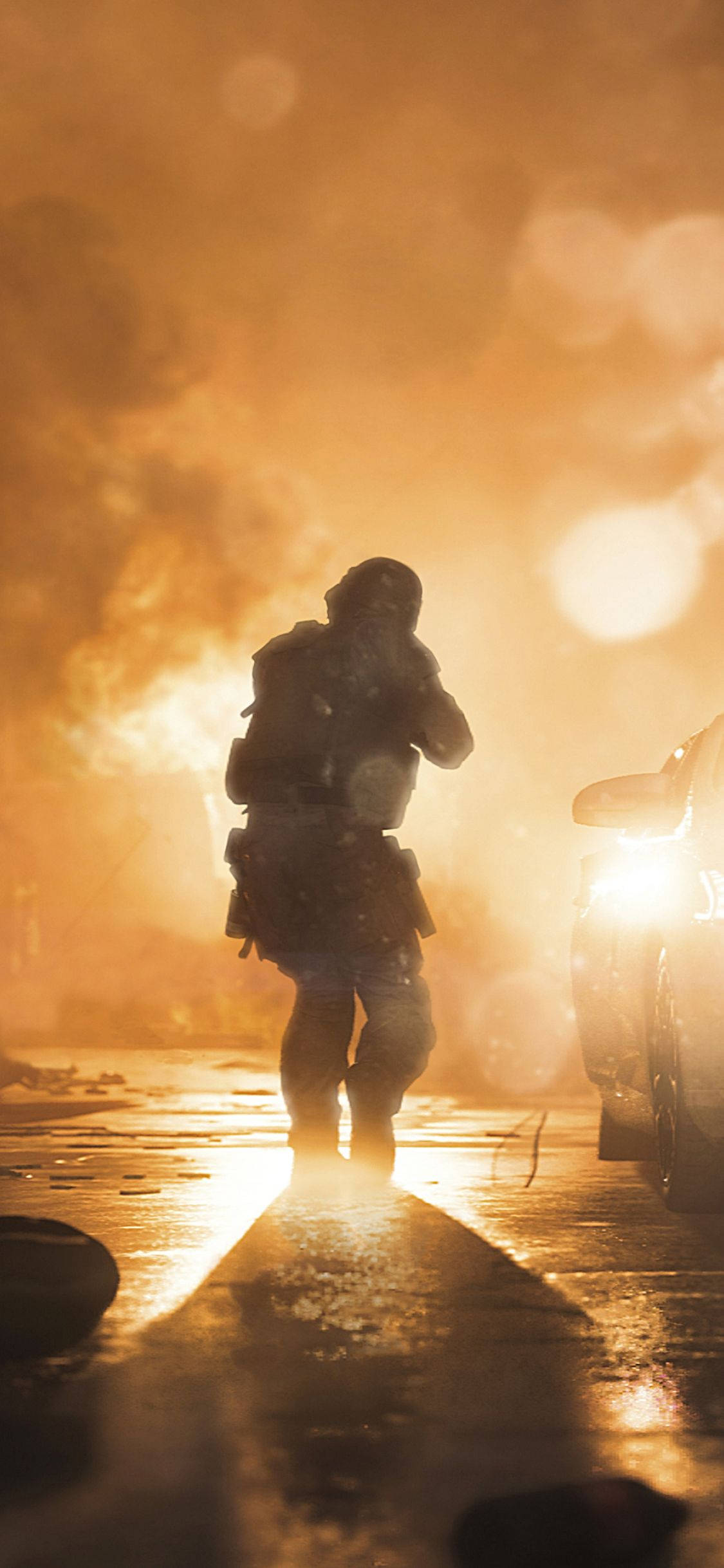 Call of Duty Modern Warfare, soldier in silhouette, fiery urban street, Full HD Phone Wallpaper