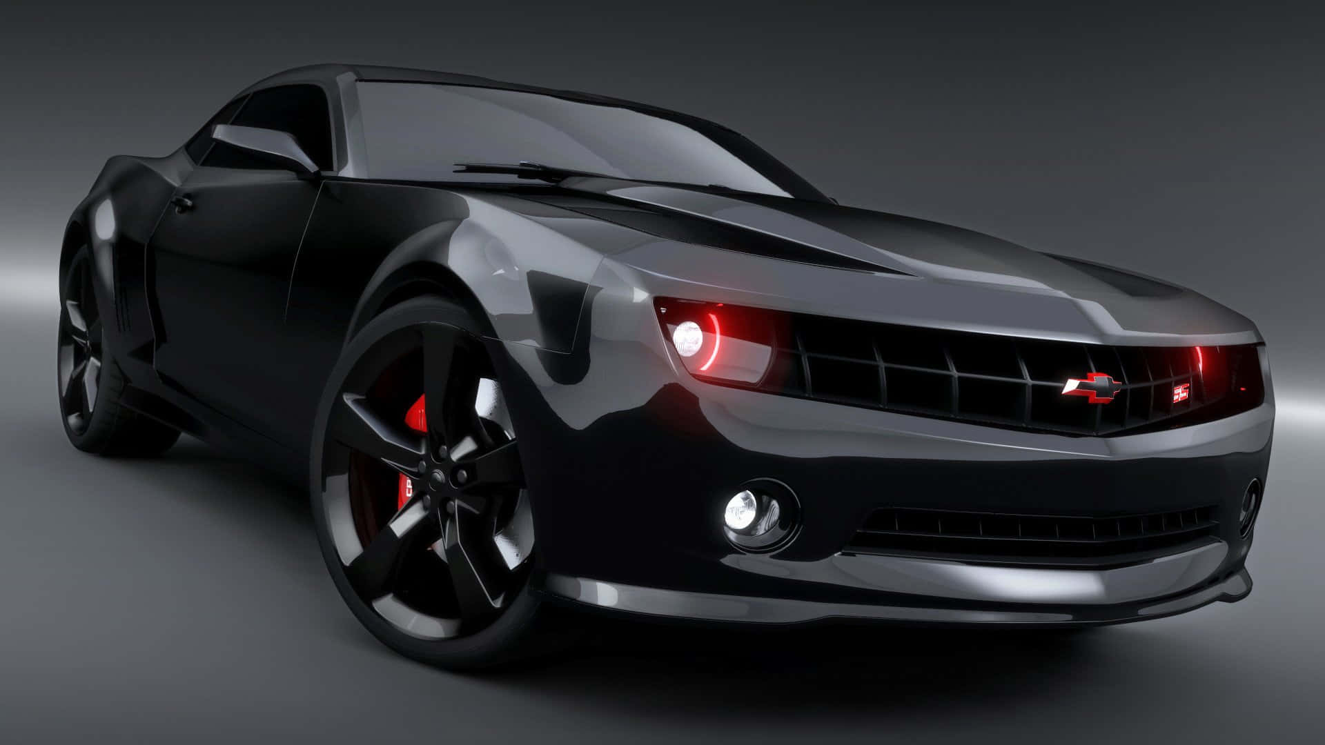 Cool Camaro, sleek black sports car, glowing red headlights, Full HD Desktop Wallpaper
