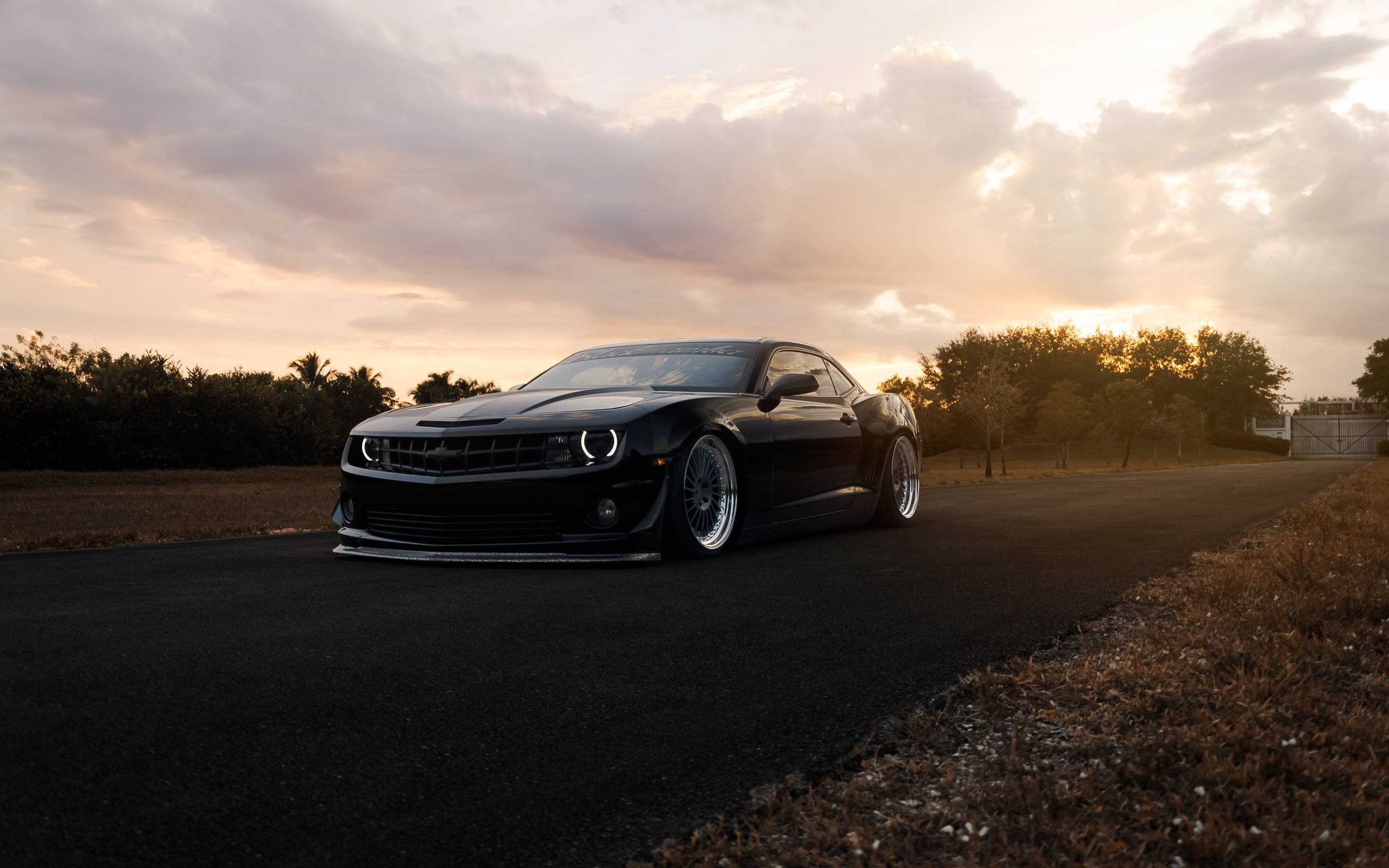 Black Camaro, muscle car, custom wheels, 2K Desktop Wallpaper