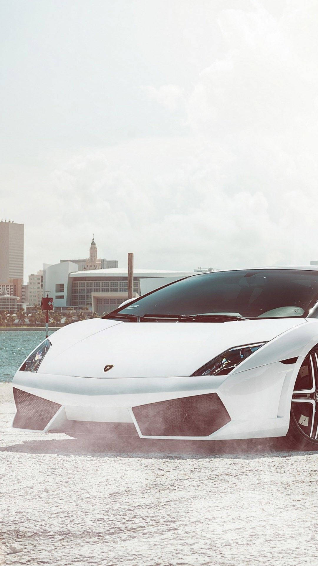 Lamborghini, white, drifts through shallow water, Full HD Phone Wallpaper